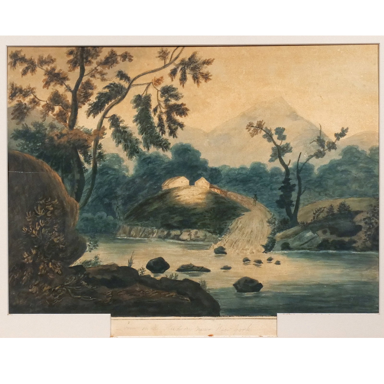 ELIZABETH A. FOLSOM (American, 1812-1899): A View on the Hudson Near New York Mixed media h. 13 w. 17 in. Inscribed below subject, biography on verso, framed overall: 19 x 23 in. (framed) Provenance: Landmark Hoyt Homestead, Pound Ridge, NY