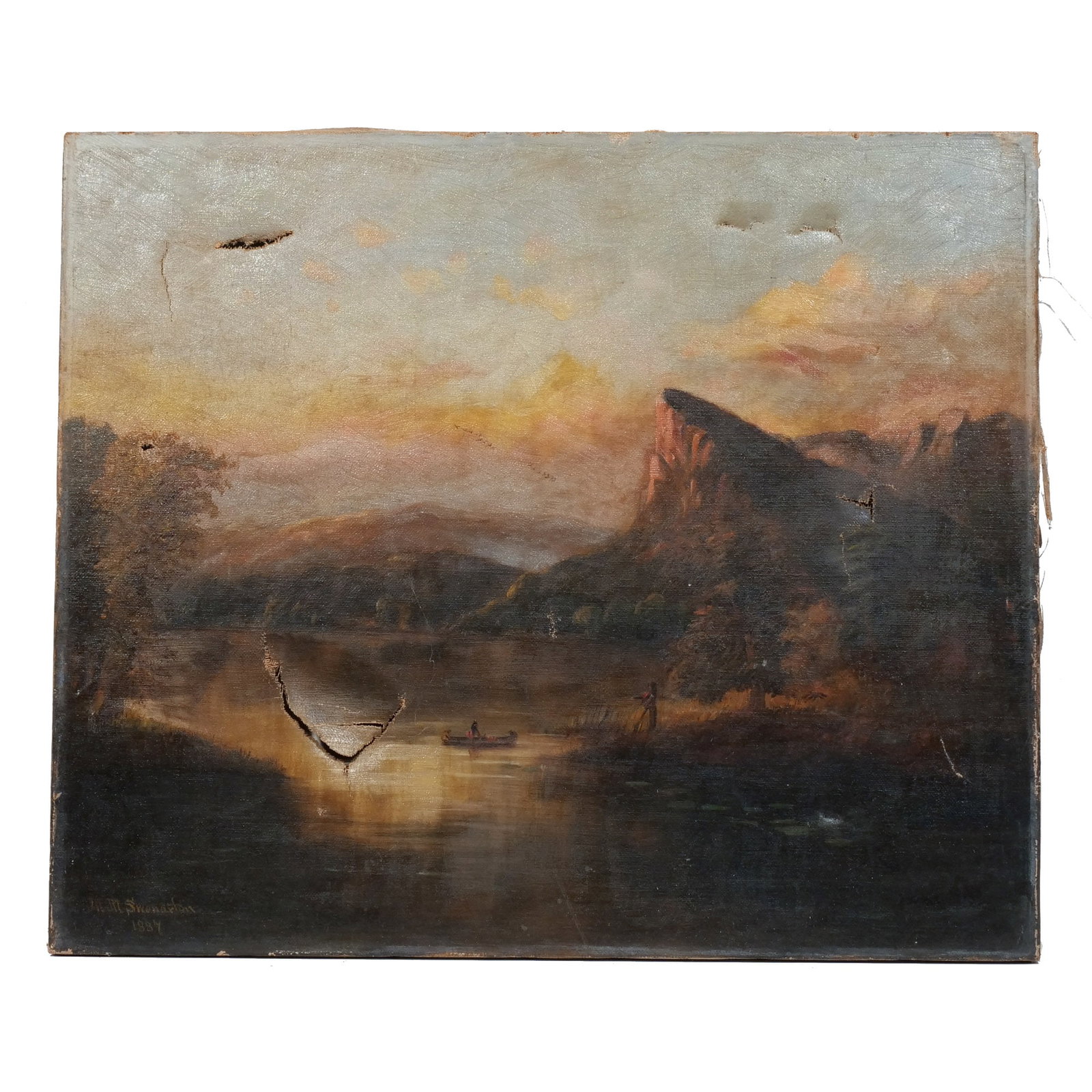 ADIRONDACK SCHOOL, late 19th century: Landscape at sunset Oil on canvas h. 17-1/4 w. 20-1/4 in. Signed 'M. M. Swenarton' and dated 1887, with A. D. Shattuck's patent stretcher keys, unframed Provenance: Private collection, Bernardsville,