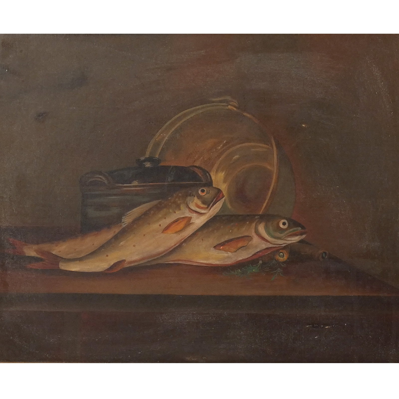AMERICAN SCHOOL STILL LIFE OF TROUT: 'The Catch' (three trout on table) Oil on canvas h. 16 w. 19-1/2 in. Late 19th century, unsigned, with old label bearing title, with gilt frame overall: 20 x 23-1/2 in. (framed) Provenance: Private co
