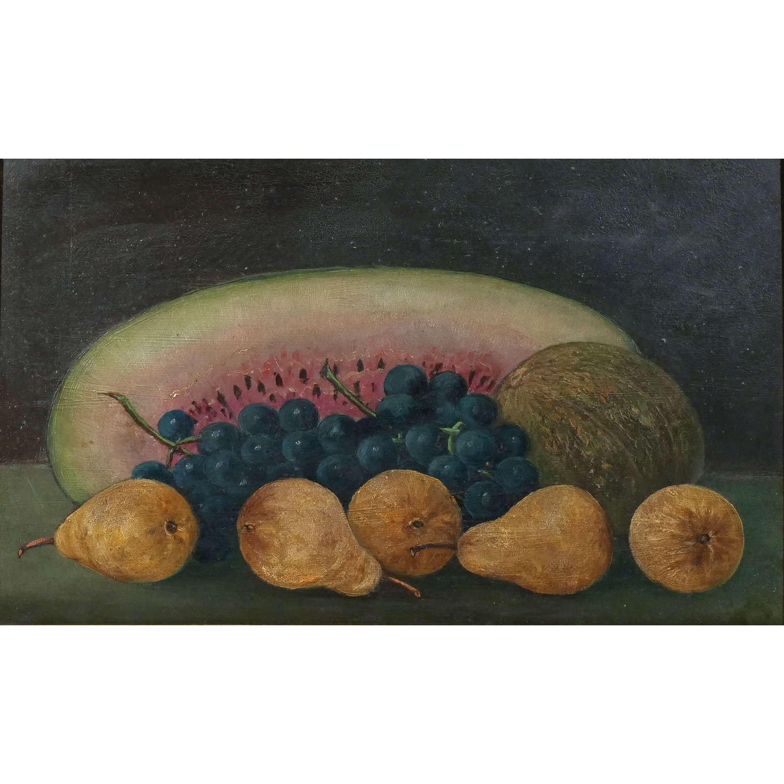 AMERICAN FOLK ART STILL-LIFE of FRUIT: Watermelon and other fruit Oil on board h. 10-1/2 w. 17 in. 19th century, framed overall: 14 x 20-1/2 in. (framed) Provenance: Private collection, Bernardsville, NJ [In Situ Item] This item will not