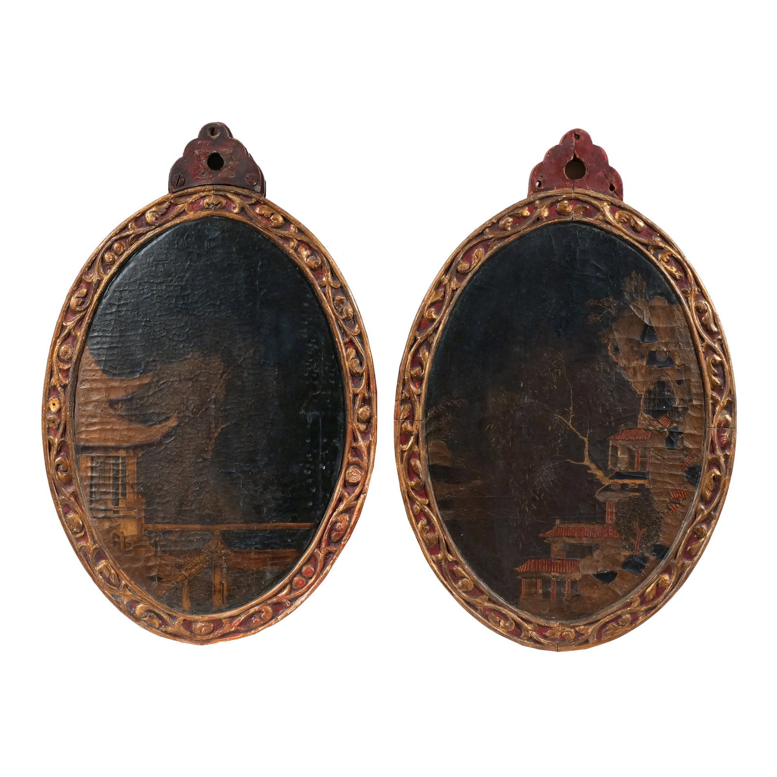 (2pc) PAIR of CHINESE EXPORT OVAL PAINTINGS: 19th century, each depicting landscape scenes, mixed media on paper mounted on panel, in gilt carved frames h. 17 w. 11 in. Provenance: Descent through a prominent Greenwich, CT doctor's estate [In