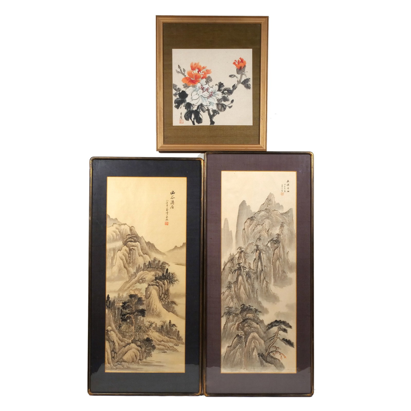 (3pc) CHINESE PAINTINGS: 20th century, including a floral still life on paper with artist's seal reading Tang Chongyin, signed 'Chongyin', 13 x 14 in. (sheet); and two Chinese landscapes on silk, one measuring 35 x 13 in.