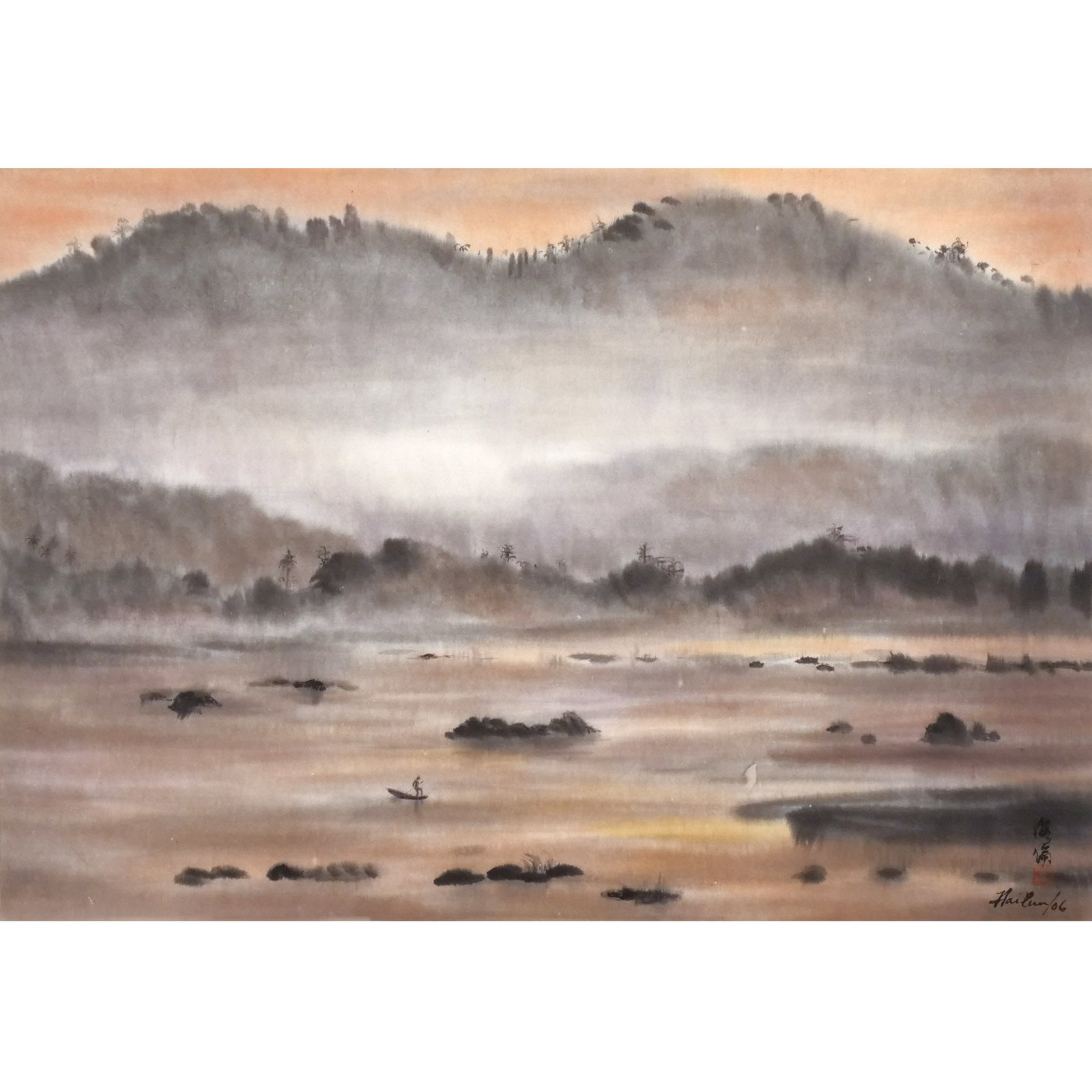 HELEN HAILUN HU (Chinese, 20th century): Evening Light, 2006 Watercolor on paper h. 22 w. 32 in. Signed and dated "Hailun/06" lower right, with artist info on verso, framed overall: 30 x 42 in. (frame) Provenance: Descent through a