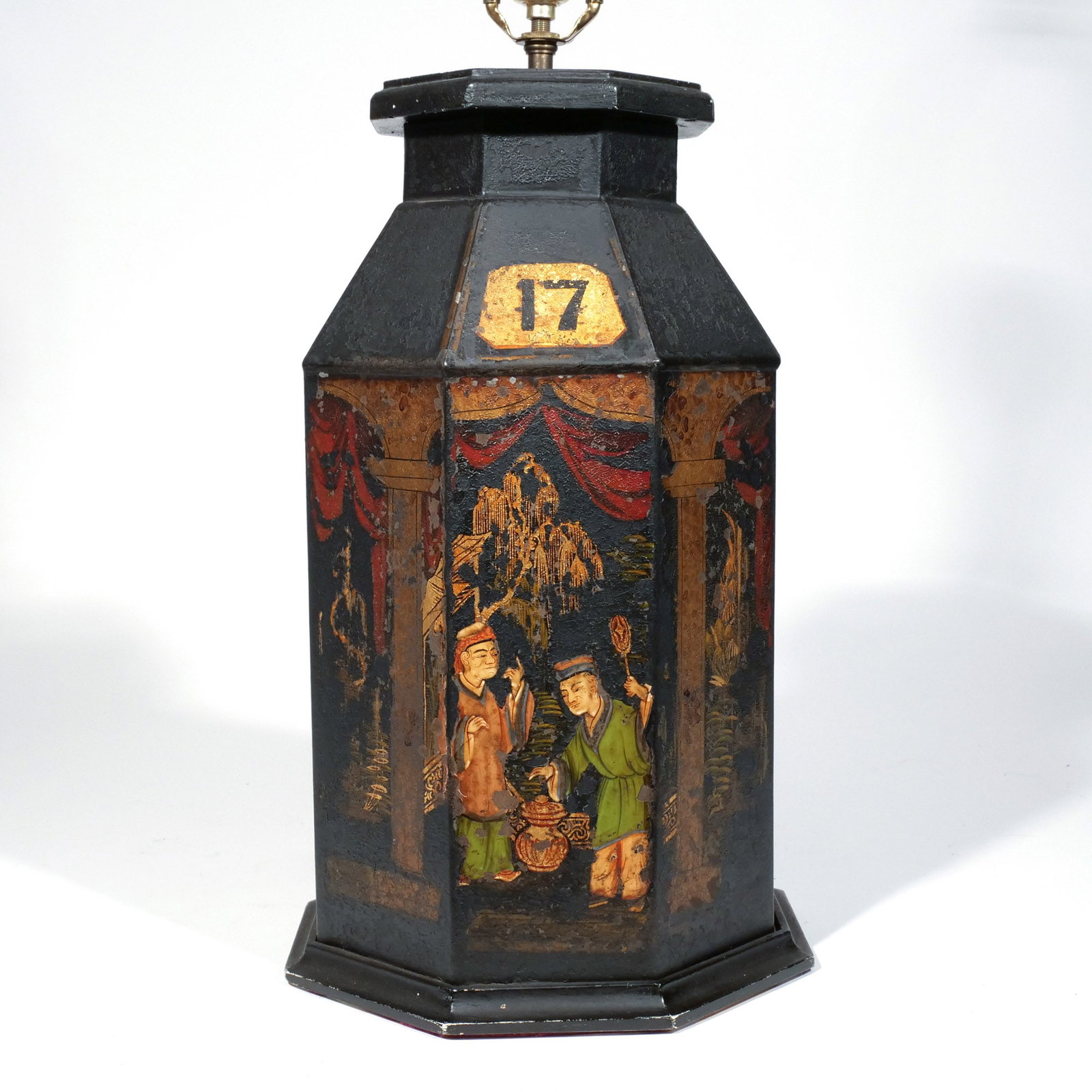 ANTIQUE CHINESE EXPORT TEA TIN: Decorated with Chinoiserie scenes, mounted as lamp h. 17 w. 11 in. overall: 30 x 11 in. (as lamp) Provenance: Landmark Hoyt Homestead, Pound Ridge, NY [In Situ Item] This item will not be on display