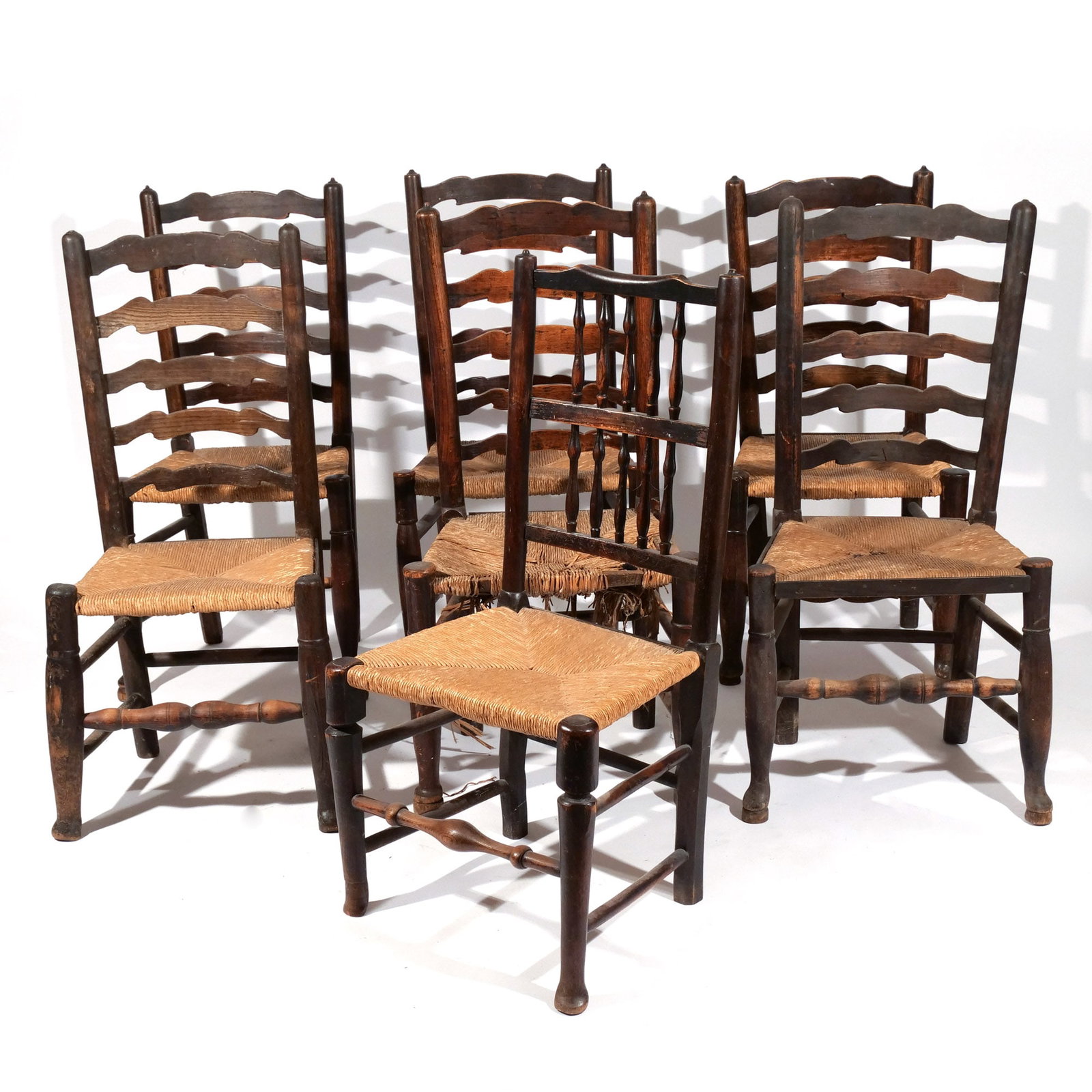 (7pc) ENGLISH RUSH SEAT LADDER BACK SIDE CHAIRS (1 of 20)