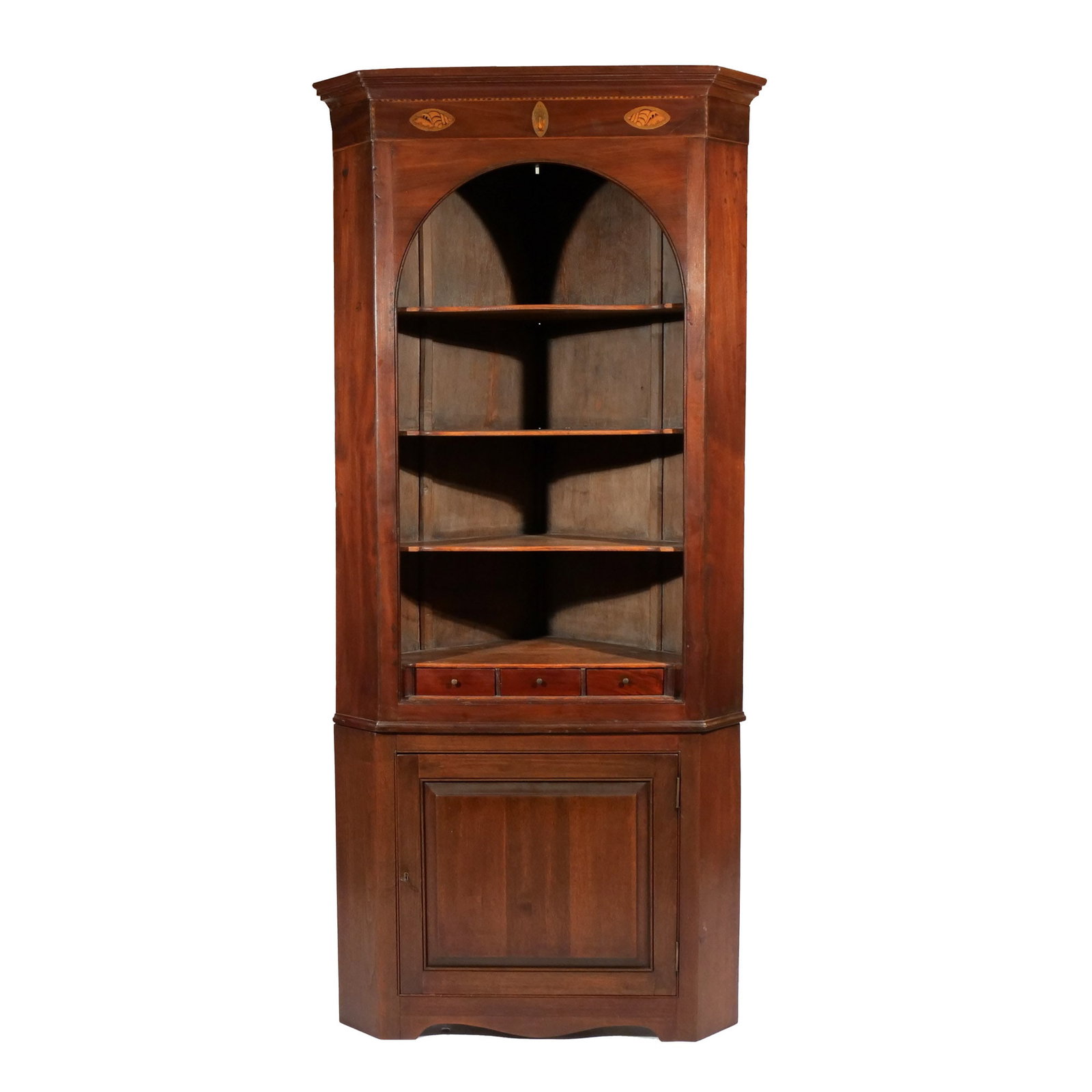 ENGLISH INLAID MAHOGANY CORNER CUPBOARD: 19th century, older two-piece top h. 80 w. 36 d. 20 in. Provenance: Descent through a prominent Greenwich, CT doctor's estate [In Situ Item] This item will not be on display in our saleroom during