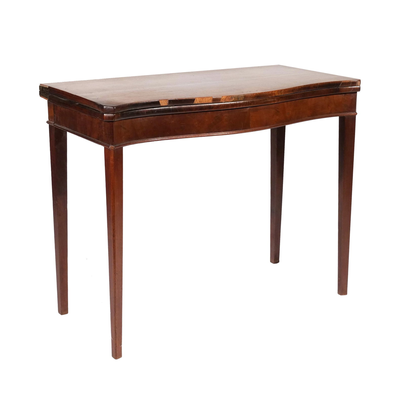 PERIOD FEDERAL MAHOGANY GAMES TABLE: Early 19th century, with serpentine front, tooled leather playing surface h. 28-1/2 w. 35-3/4 d. 17-1/2 in. Provenance: Descent through a Greenwich, CT family [In Situ Item] This item will not be on