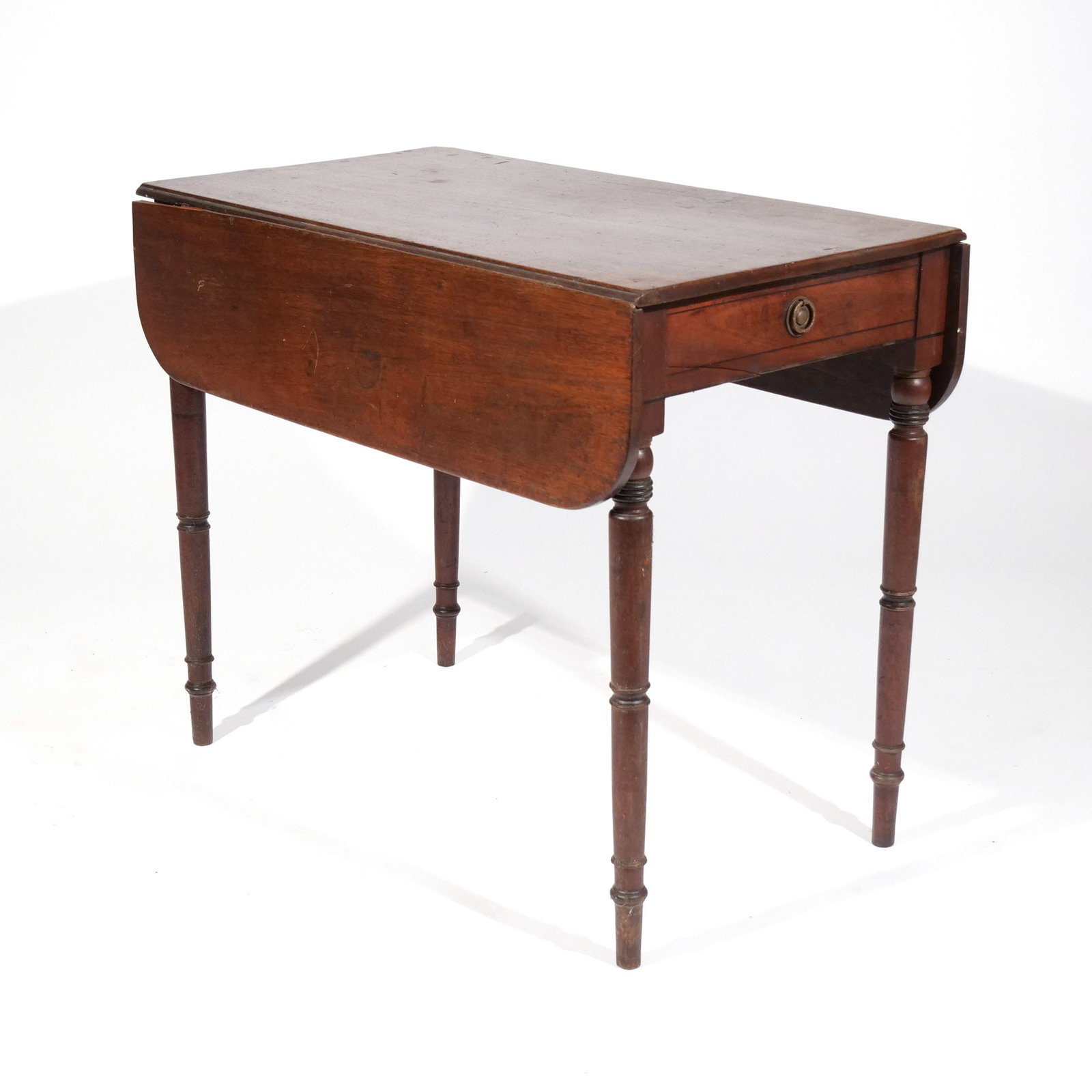 ANTIQUE MAHOGANY PEMBROKE TABLE: 19th century, single drawer h. 28 w. 33-3/4 d. 19 in overall: 28 x 33-3/4 x 35 in. (open) Provenance: The estate of noted artist and author Edward Giobbi (1926-2026), Katonah, NY [In Situ Item] This