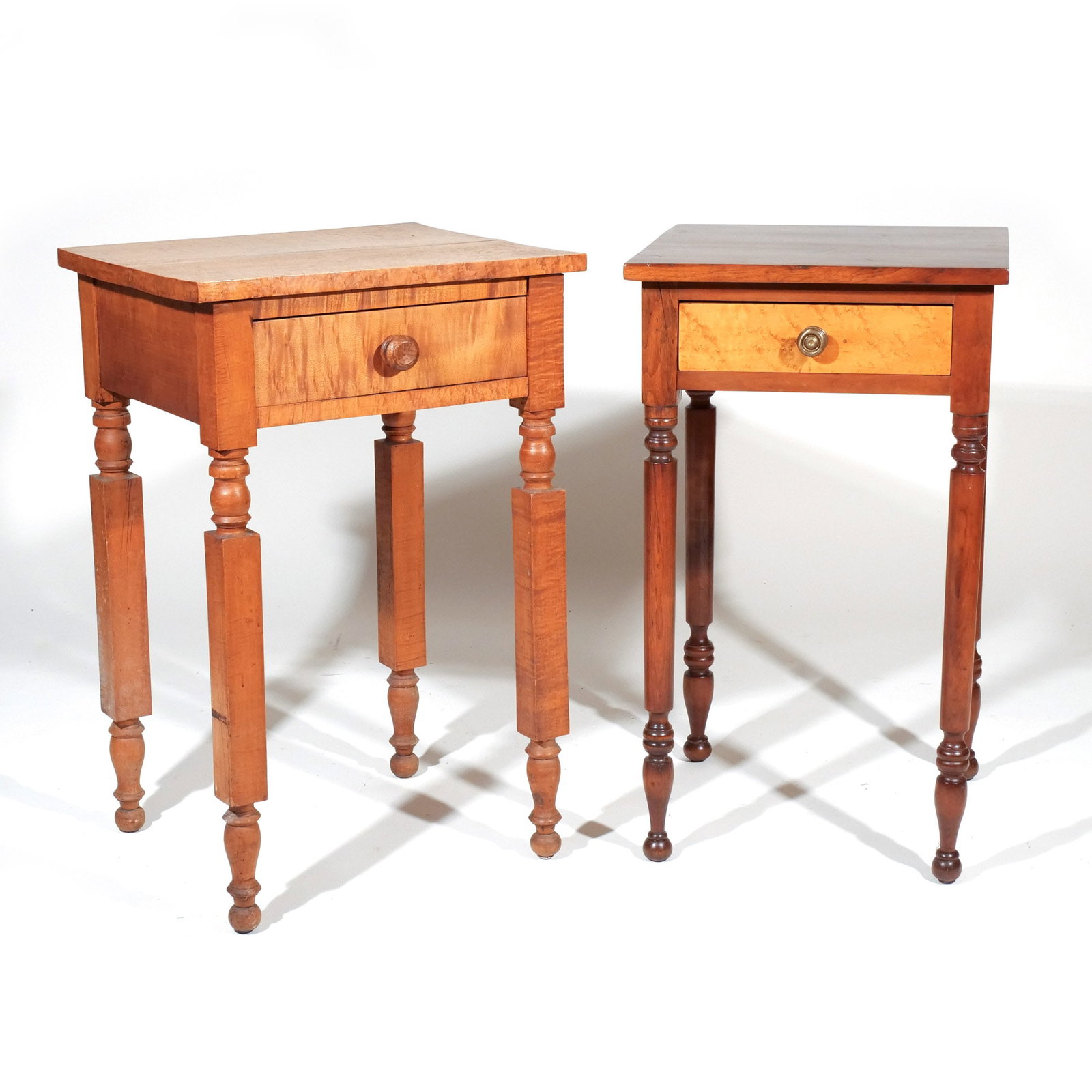 (2pc) BESPOKE TIGER MAPLE & CHERRYWOOD STANDS: Each with single drawer h. 29 w. 19 d. 16 in. [In Situ Item] This item will not be on display in our saleroom during our preview period. If you wish to view it in-person please make a request with