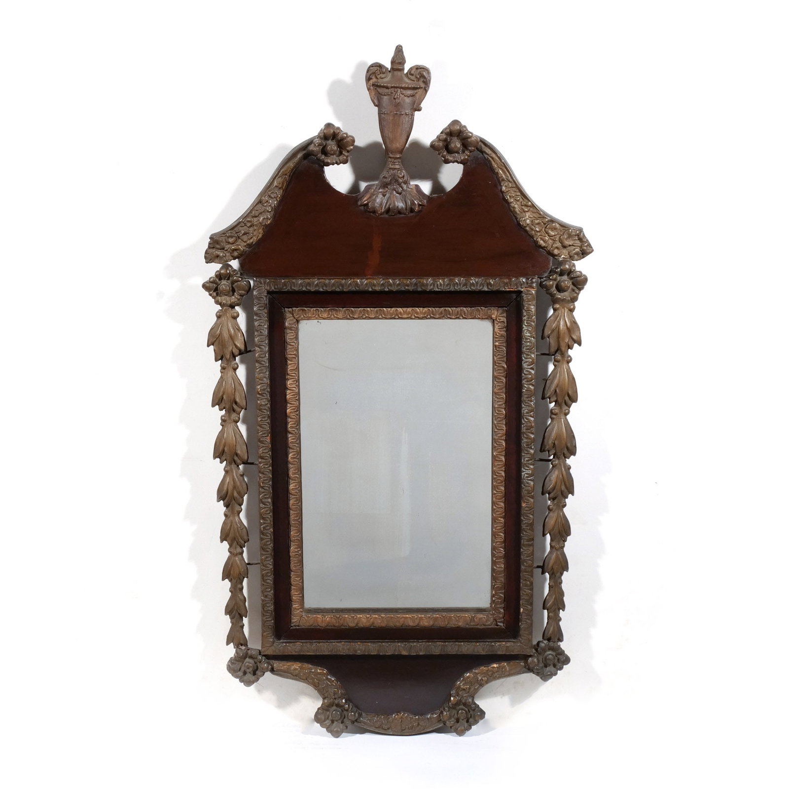 CONTINENTAL WALL MIRROR: Early 19th century or earlier, of small size, having urn finial flanked by broken scroll, over fillets h. 26 w. 14 in. Provenance: Landmark Hoyt Homestead, Pound Ridge, NY [In Situ Item] This item wil