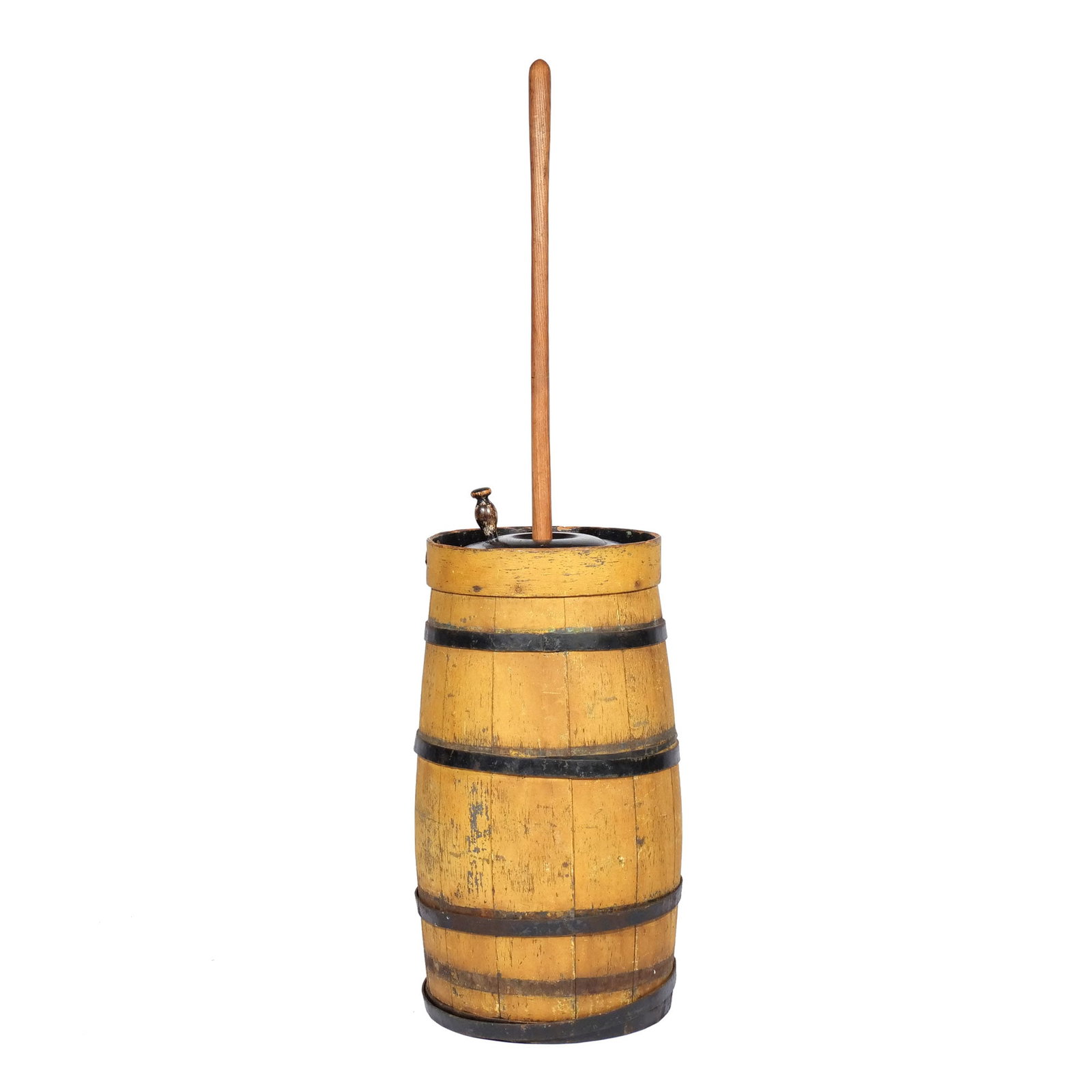 AMERICAN OLD YELLOW PAINT BARREL BUTTER CHURN: 19th century, with original fittings h. 56-1/2 w. 13-1/2 d. 13-1/2 in. Provenance: Landmark Hoyt Homestead, Pound Ridge, NY