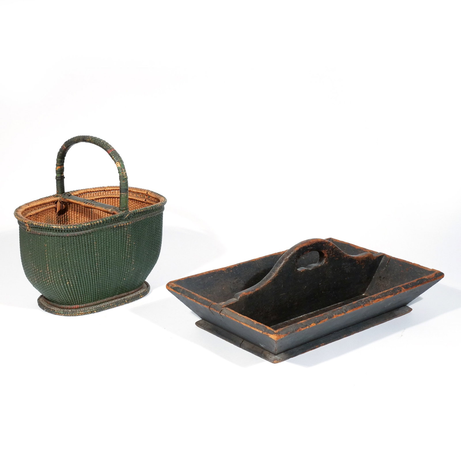 (2pc) PAINTED BASKET & PRIMITIVE UTENSIL RACK: 19th / early 20th century h. 6 w. 18 d. 11-1/2 in. (largest) Provenance: Landmark Hoyt Homestead, Pound Ridge, NY [In Situ Item] This item will not be on display in our saleroom during our preview