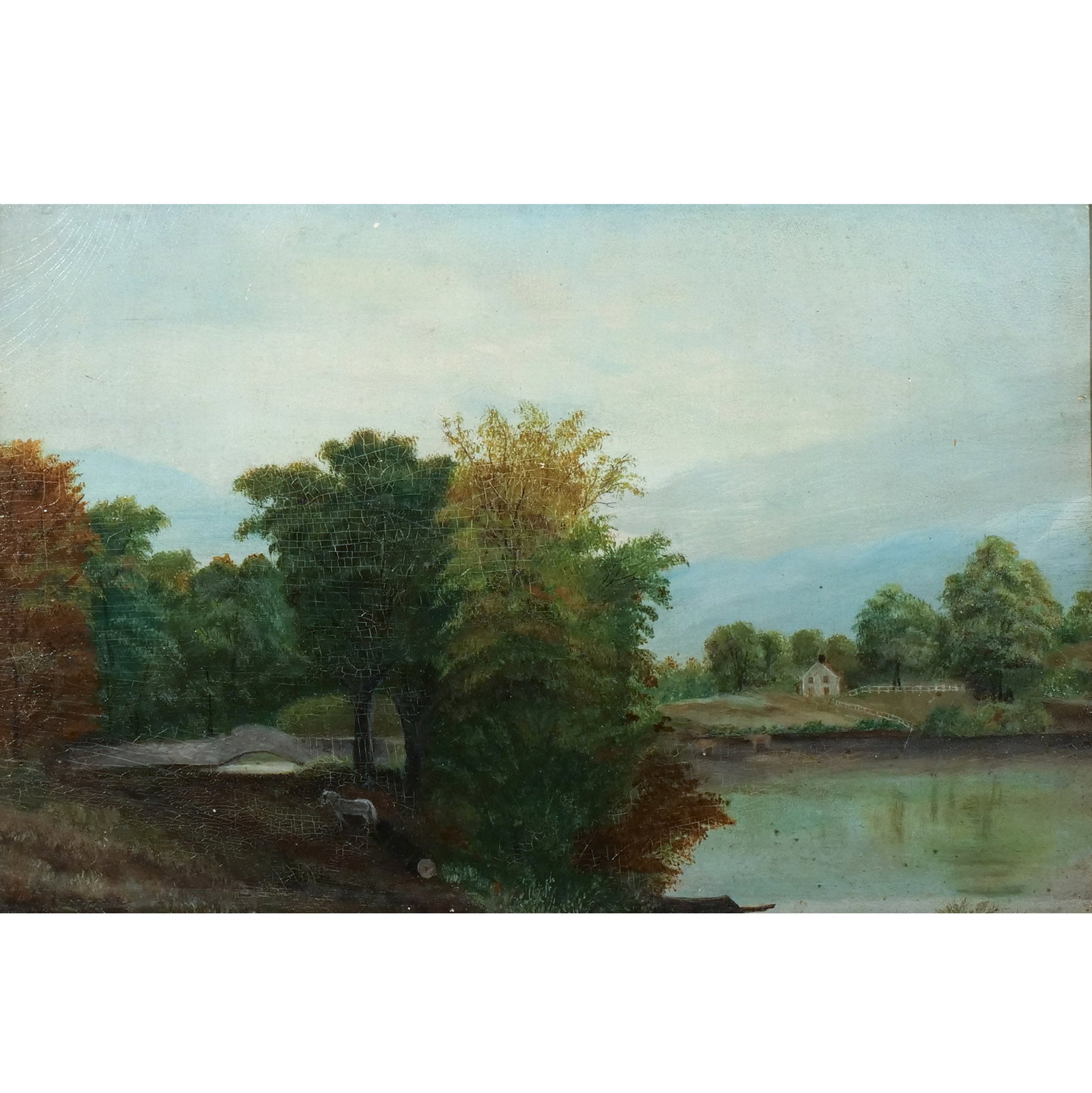 AMERICAN SCHOOL FOLK ART LANDSCAPE, 19th century: Lakeside scene with horse and house Oil on board h. 12 w. 18-1/2 in. Unsigned, board with partial New York artist's supplies label, With modern label on verso indicating place of painting being "Sheff