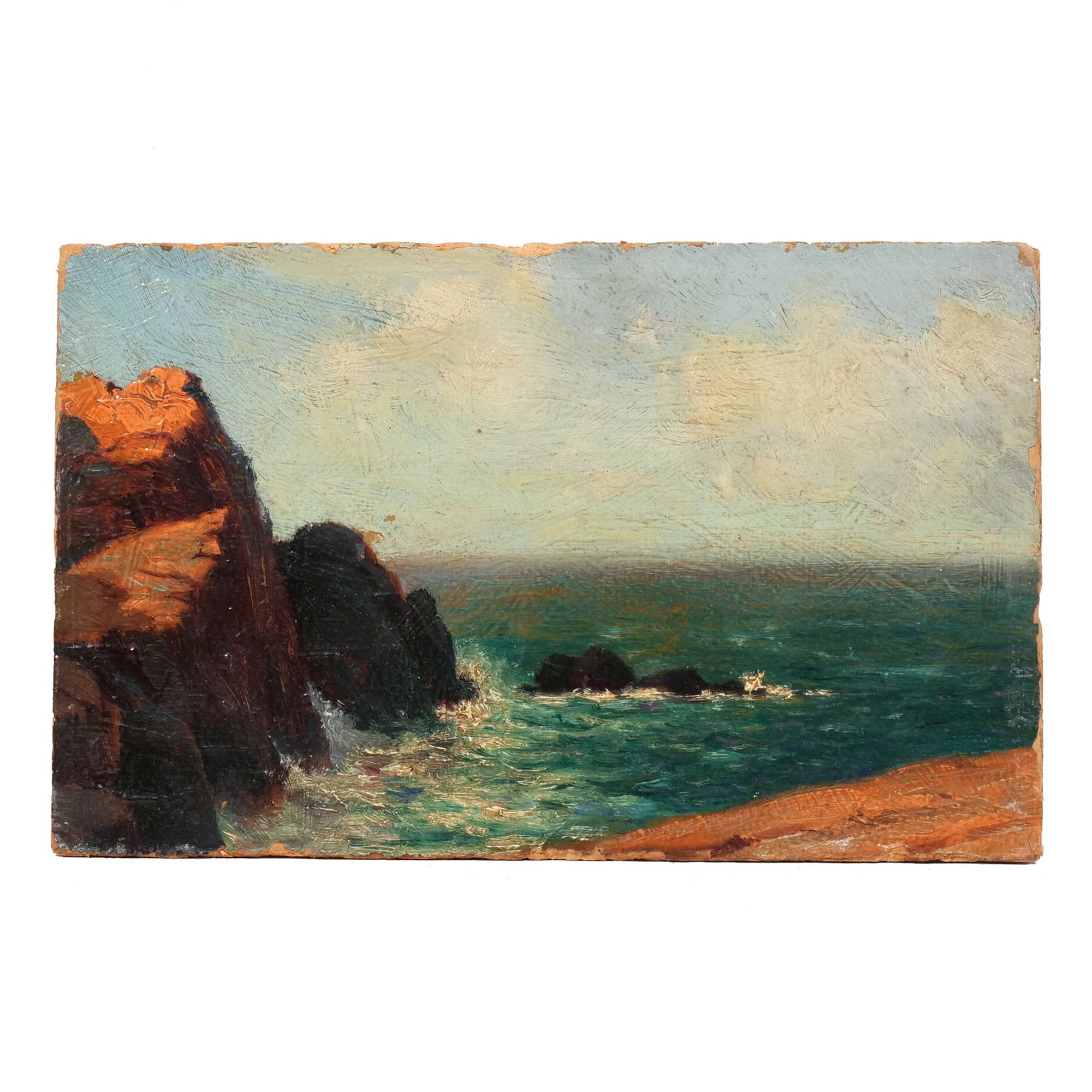 STYLE of ALFRED T. BRICHER (American, 1837-1908): Rocky Coastal Scene Oil on board h. 6-1/2 w. 10-1/4 in. No apparent signature, framed overall: 11 x 15 in. (framed) Provenance: Descent through a prominent Greenwich, CT doctor's estate [In Situ Item]