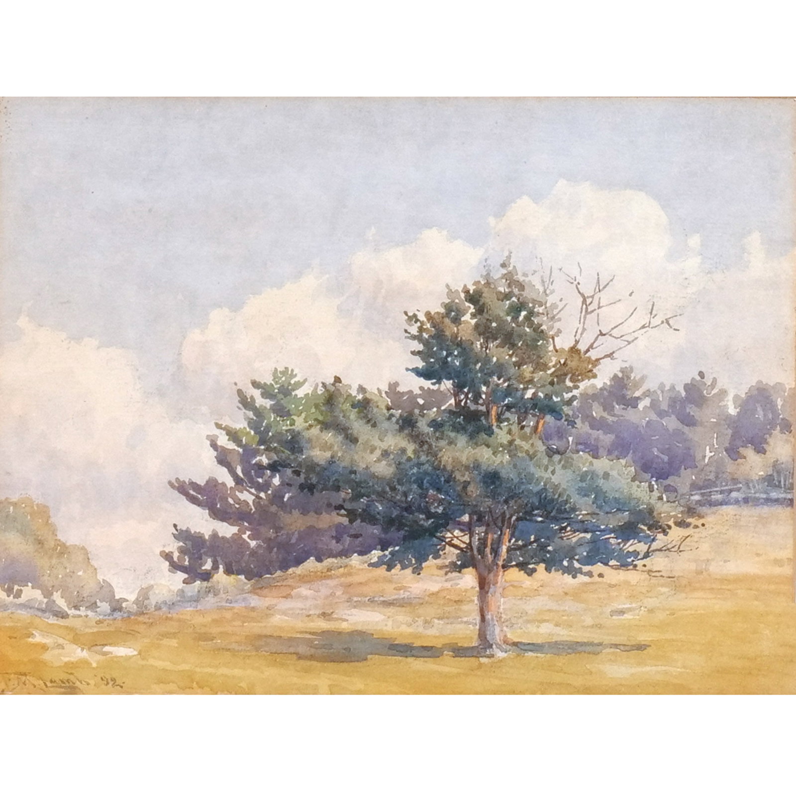 FREDERICK MORTIMER LAMB (American, 1861-1936): Tree in a Field, 1922 Watercolor on paper h. 7 w. 9-1/2 in. Signed lower left and dated '22, framed overall: 15-3/4 x 18-3/4 in. (framed) Provenance: Descent through a prominent Greenwich, CT doctor's