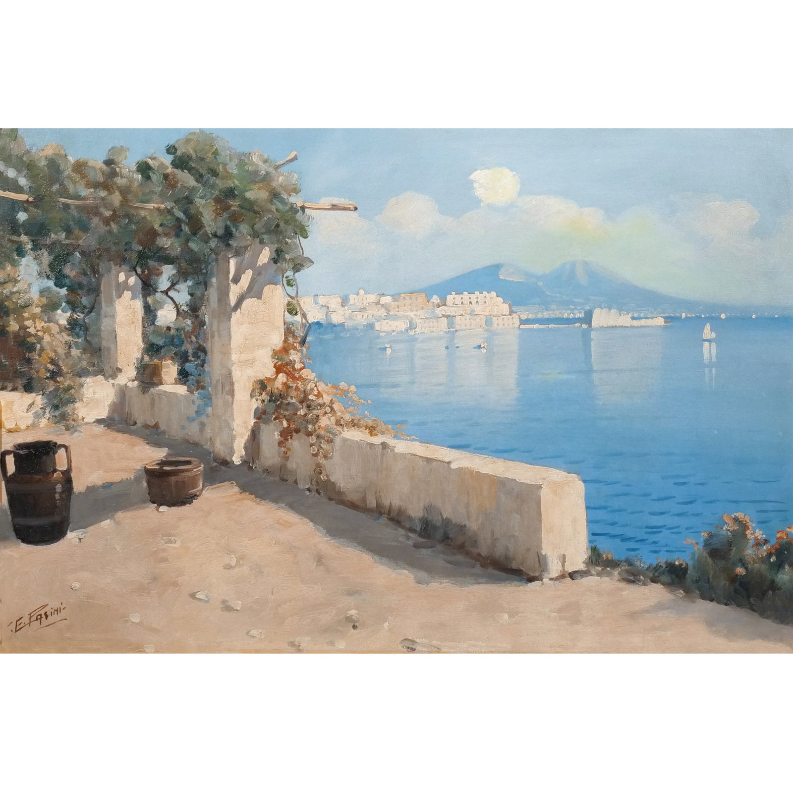 EMILIO PASINI (Italian, 1899-1924): Italian Coastal Scene from Balcony Oil on canvas h. 20 w. 30 in. Signed lower left 'E. Pasini', framed overall: 23-1/2 x 34 in. (framed) Provenance: Descent through a prominent Greenwich, CT doctor's 