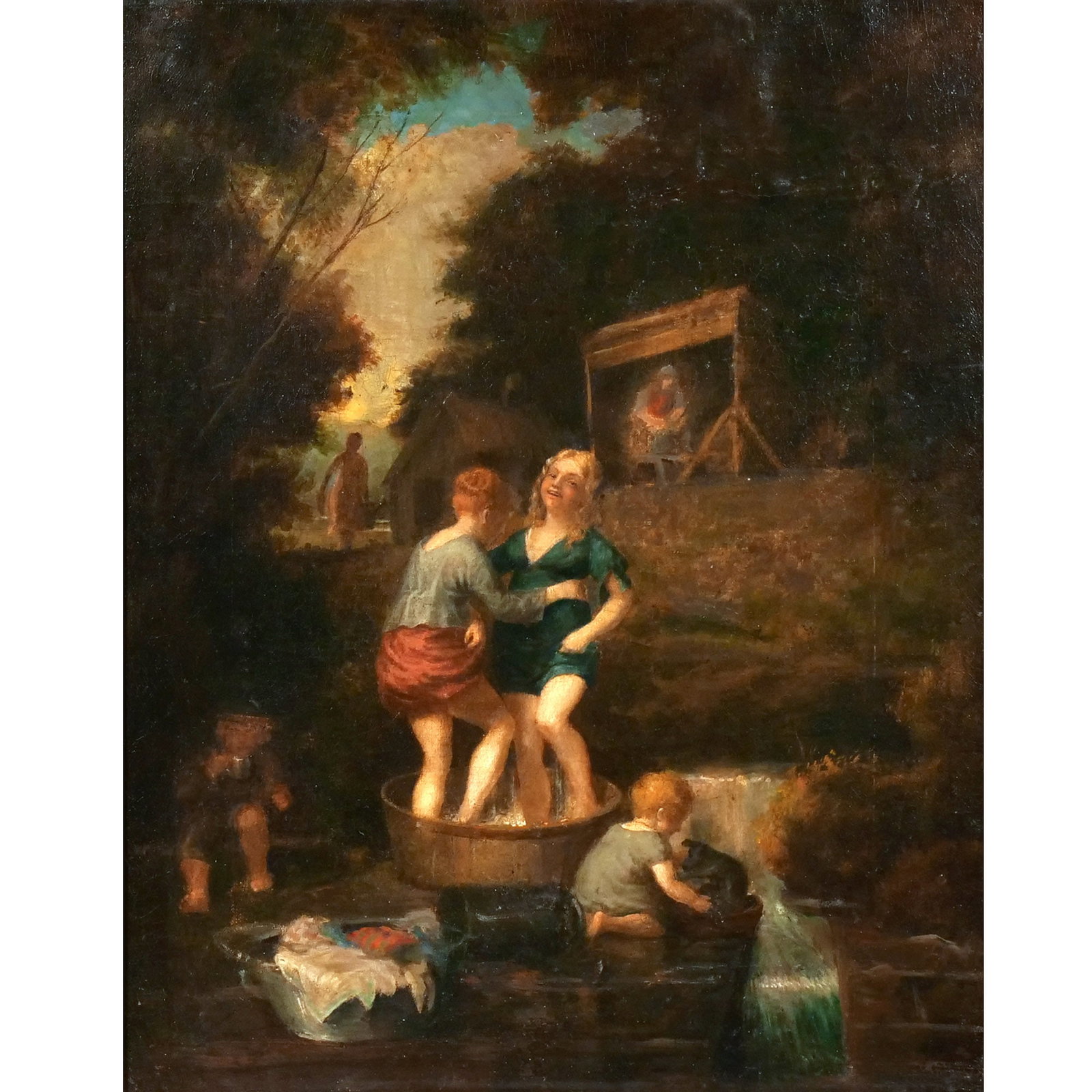 AMERICAN SCHOOL GENRE PAINTING, 19th century: Washing the laundry Oil on canvas h. 20 w. 16 in. Indistinctly signed lower right, framed overall: 25-1/2 x 21-1/2 in. (framed) Provenance: Descent through a prominent Greenwich, CT doctor's estate [I