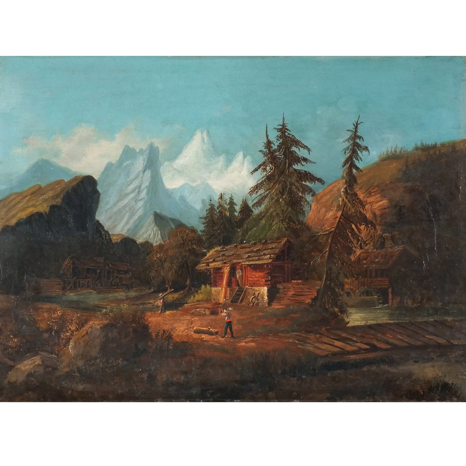 GERMAN SCHOOL, early 19th century: Woodcutters in the Alps Oil on canvas h. 18 w. 24 in. No apparent signature, framed overall: 23-3/4 x 30 in. Provenance: Descent through the consignor's family [In Situ Item] This item will not be on
