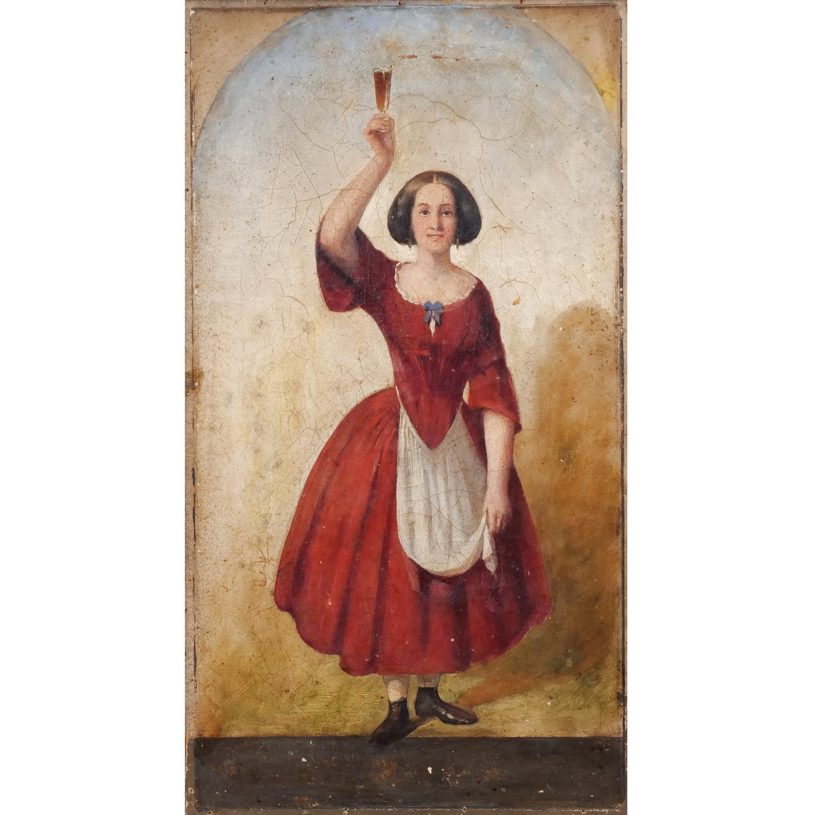 CONTINENTAL SCHOOL, 19th century: Woman with a sweet wine Oil on board h. 24 w. 13 in. No apparent signature, framed overall: 24-3/4 x 13-3/4 in. Provenance: The estate of noted artist and author Edward Giobbi (1926-2026), Katonah,