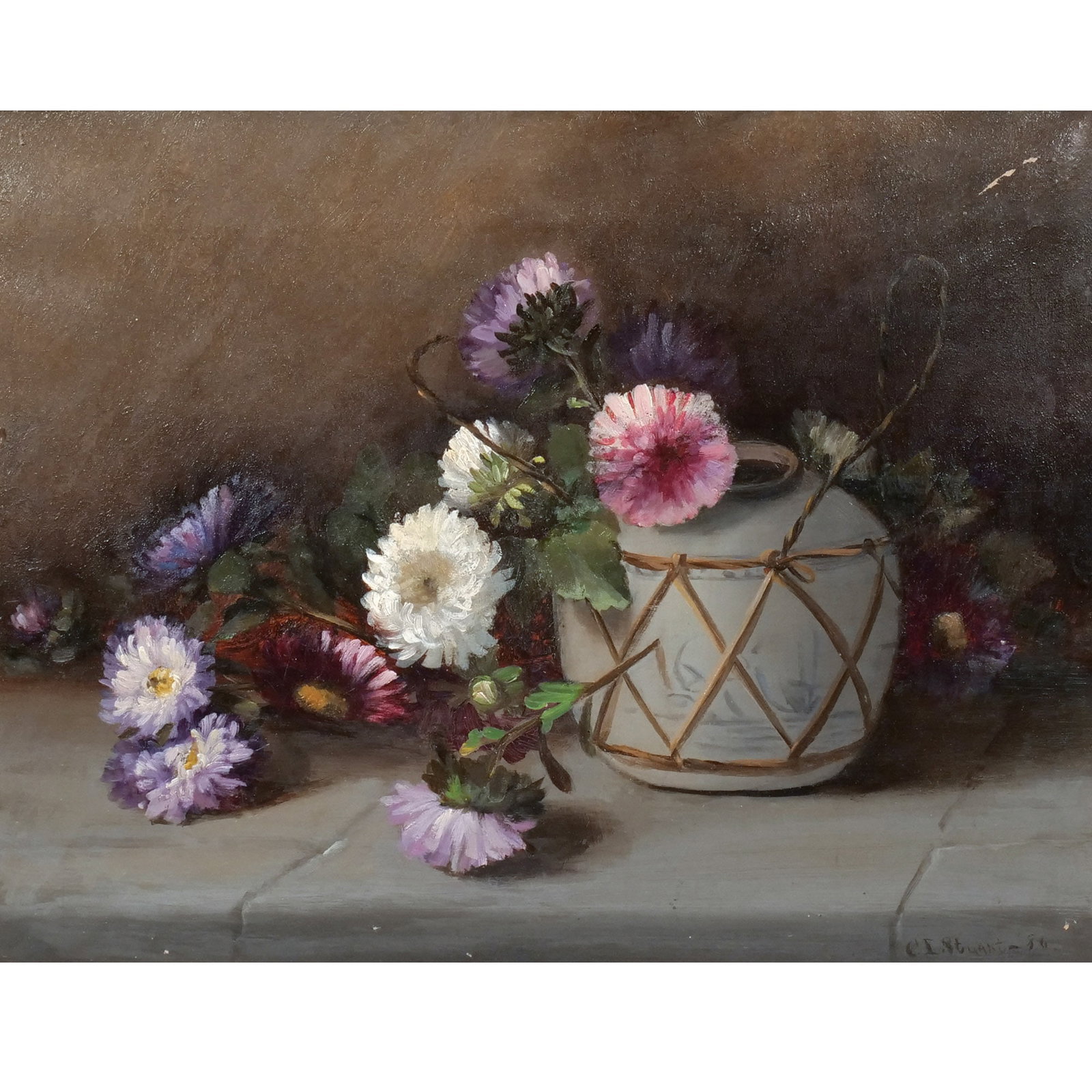 (Attrib) CHARLES STUART (British,active 1854-1904): Chrysanthemums in Chinese Pottery Vase Oil h. 14 w. 18 in. Signed 'C.I. Stuart'(?) and dated '86 lower right, framed overall: 16-1/2 x 20 in. (framed) Provenance: Descent through a prominent