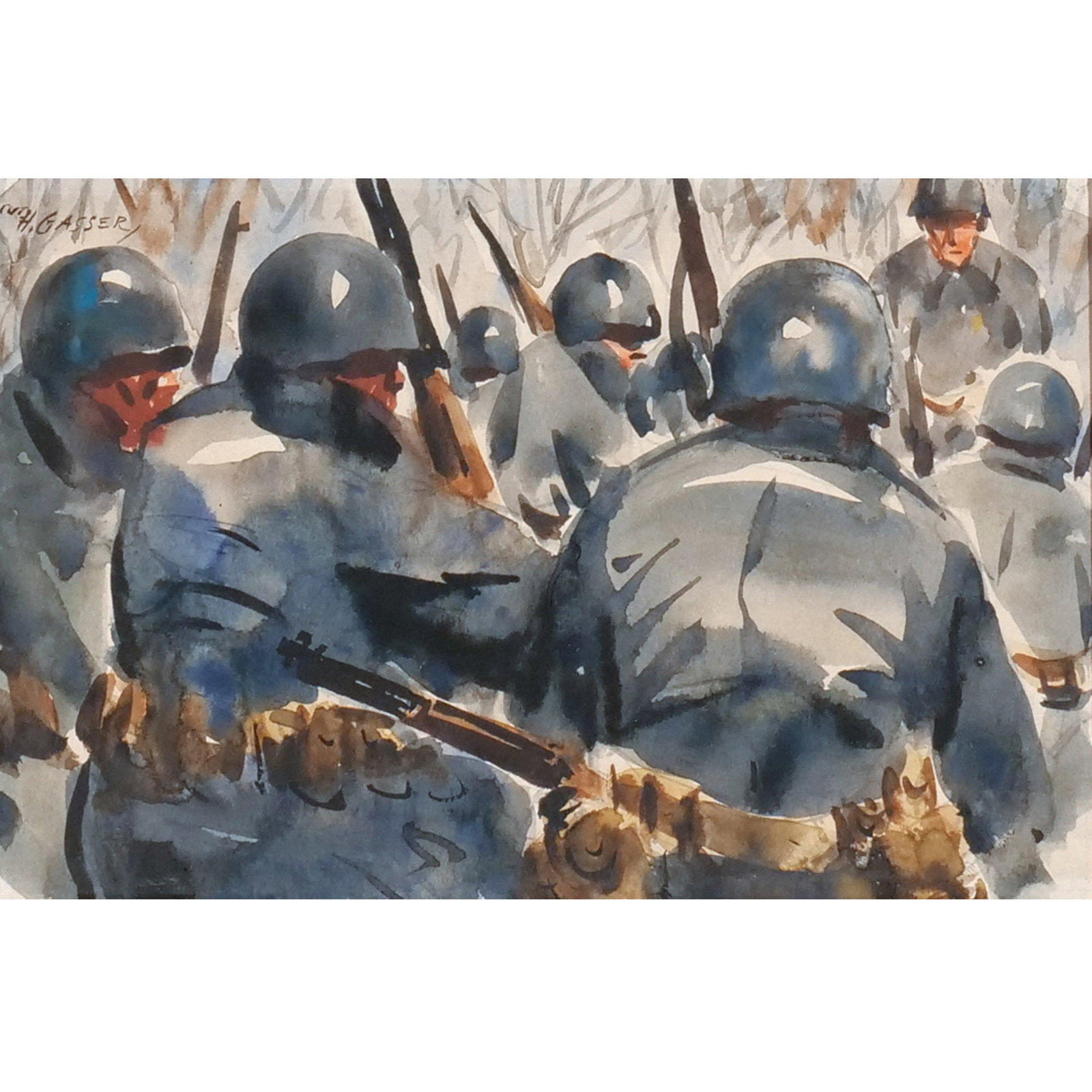 HARRY MARTIN GASSER (American, 1909-1981): G.I. Corps Watercolor on paper h. 5 w. 7-1/2 in. Signed upper left, framed overall: 15-1/2 x 17-1/2 in. (framed) Provenance: Descent through a prominent Greenwich, CT doctor's estate [In Situ Item]