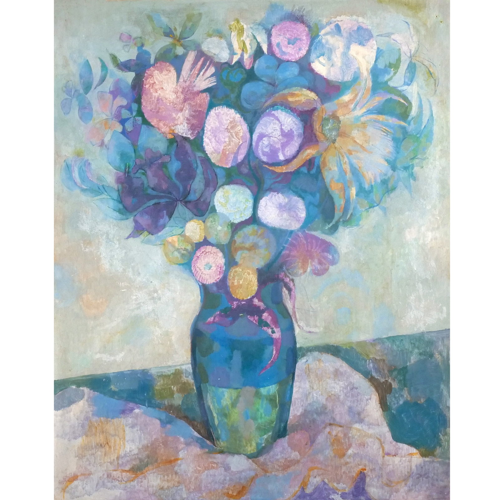 MODERNIST STILL LIFE, mid 20th century: Table top still-life with Floral Bouquet Oil on board (Jesso-Lite) h. 30 w. 24 in. No apparent signature, framed overall: 36 x 30 in. (framed) Provenance: Private collection, Bernardsville, NJ [In