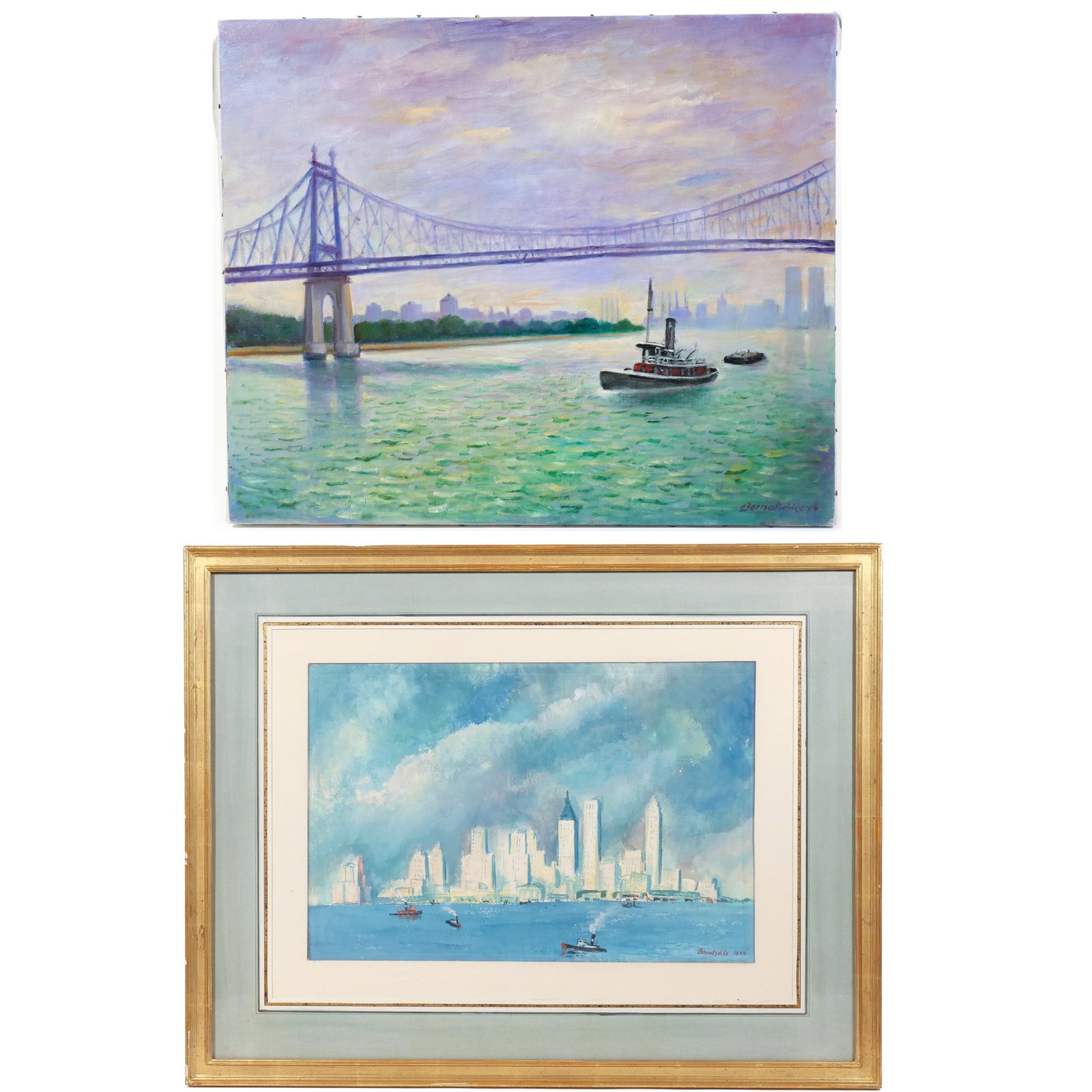 (2pc) RUDOLF ANTON BERNATSCHKE (Austrian, b. 1913): Two New York City views Including one depicting a bridge with the twin towers in the distance, oil on canvas, 20 x 24 in., unframed; and one depicting the skyline with boats in the foreground,