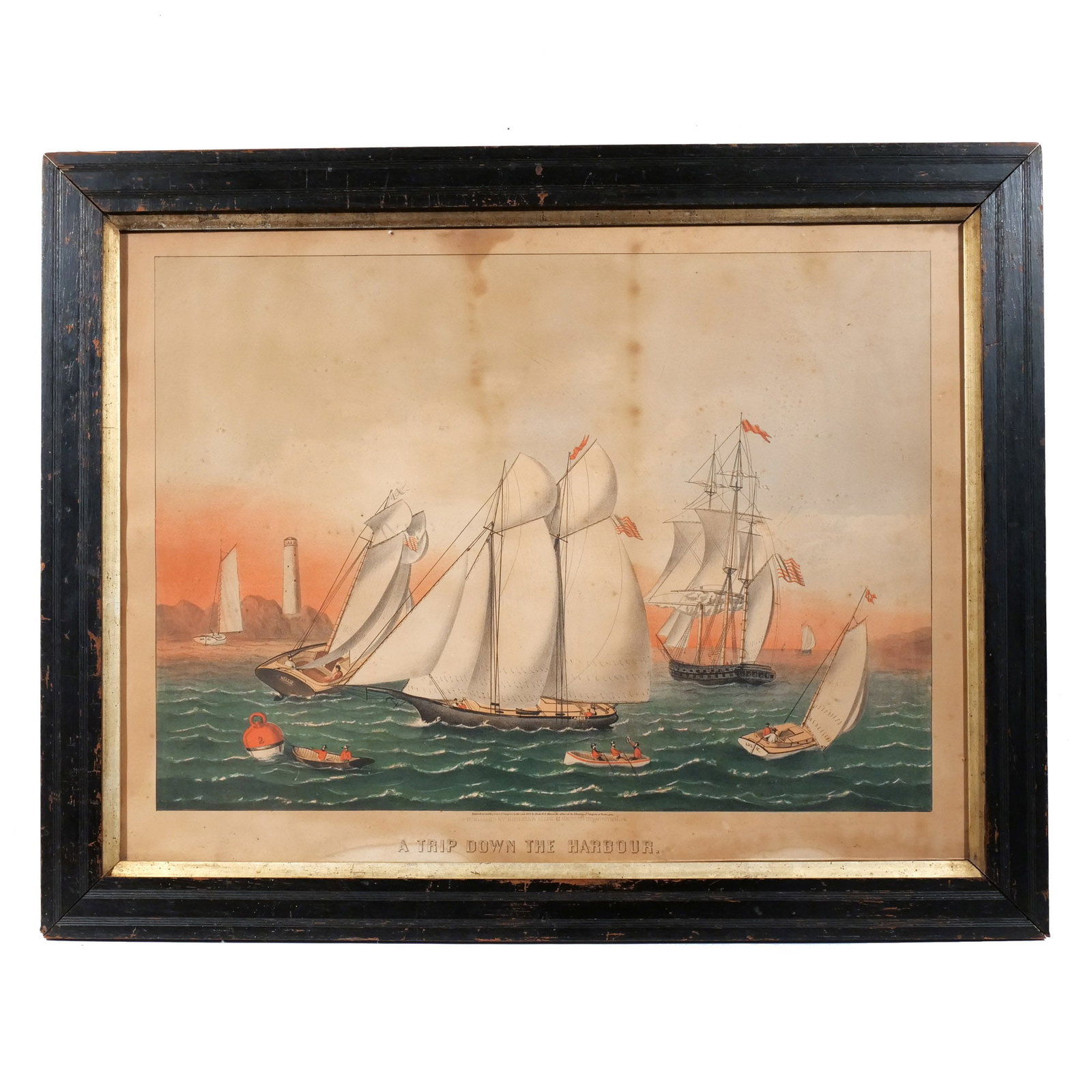 HASKELL & ALLEN (1869-1880) COLOURED LITHOGRAPH: A Trip Down The Harbour Colored lithograph h. 18 w. 25 in. Original frame overall: 25-1/2 x 32-1/2 in. (framed) Provenance: Landmark Hoyt Homestead, Pound Ridge, NY [In Situ Item] This item will not