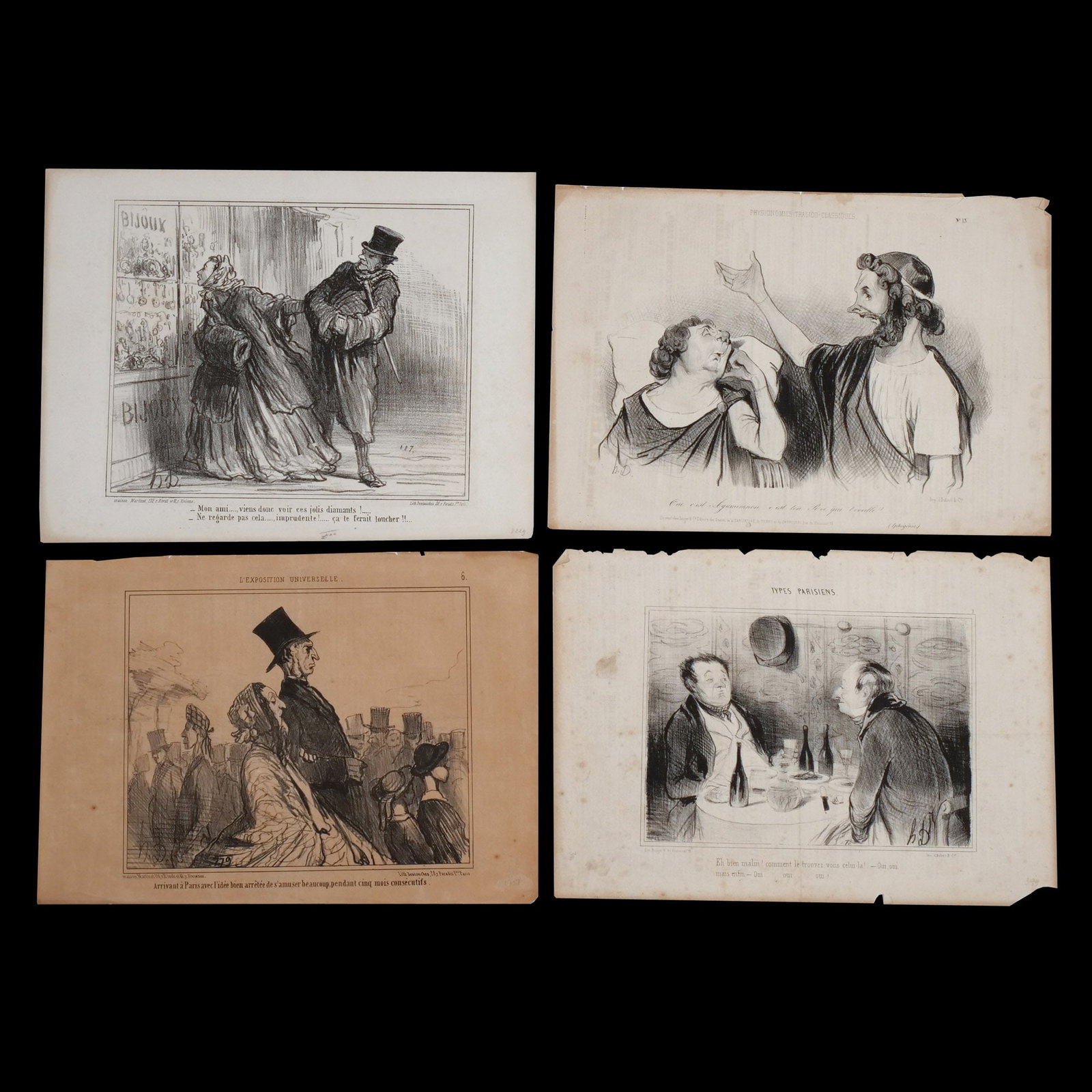 (4pc) HONORE DAUMIER (1808-1879): Four printed works Lithograph on paper h. 10-3/4 w. 14-1/2 in. (sheet) Four lithographs printed for various publications, including 'Mon ami...., viens donc voir ces jolis diamants!...', maison Martin