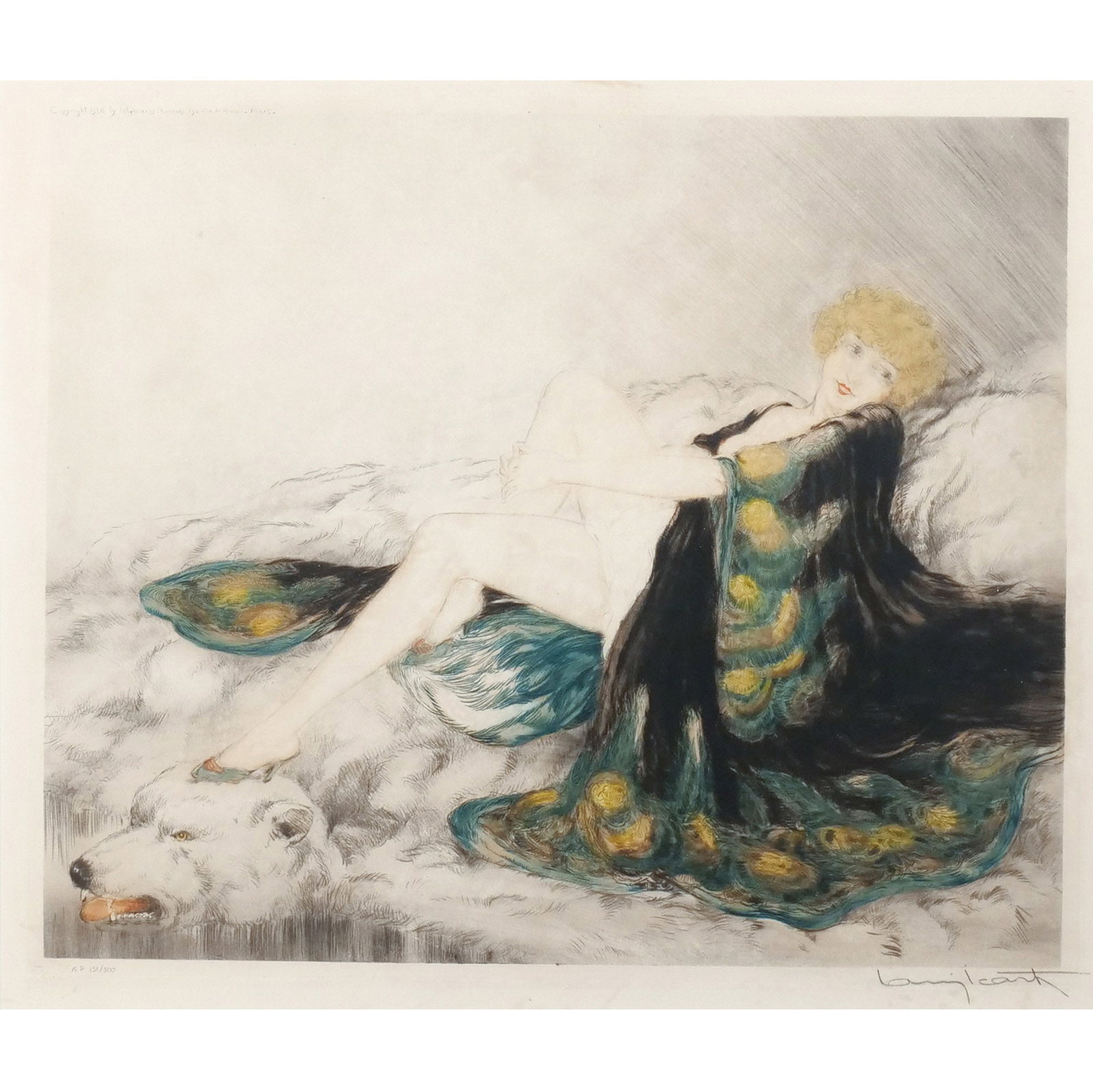 LOUIS ICART (French, 1888-1950): Silk Robe Color Etching h. 17 w. 20 in. Signed and numbered 151/500, framed overall: 25 x 29-1/2 in. (framed) Provenance: Descent through a prominent Greenwich, CT doctor's estate [In Situ Item] This