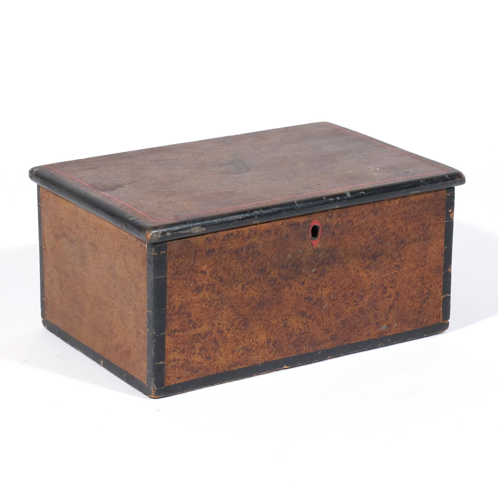 AMERICAN SPONGE-PAINTED TABLE BOX: 19th century, of rectangular shape, with black trim and sponge-painted ochre ground, the top initialed 'JJ' h. 4-1/2 w. 10 d. 7 in. Provenance: Private collection, Bernardsville, NJ [In Situ Item]