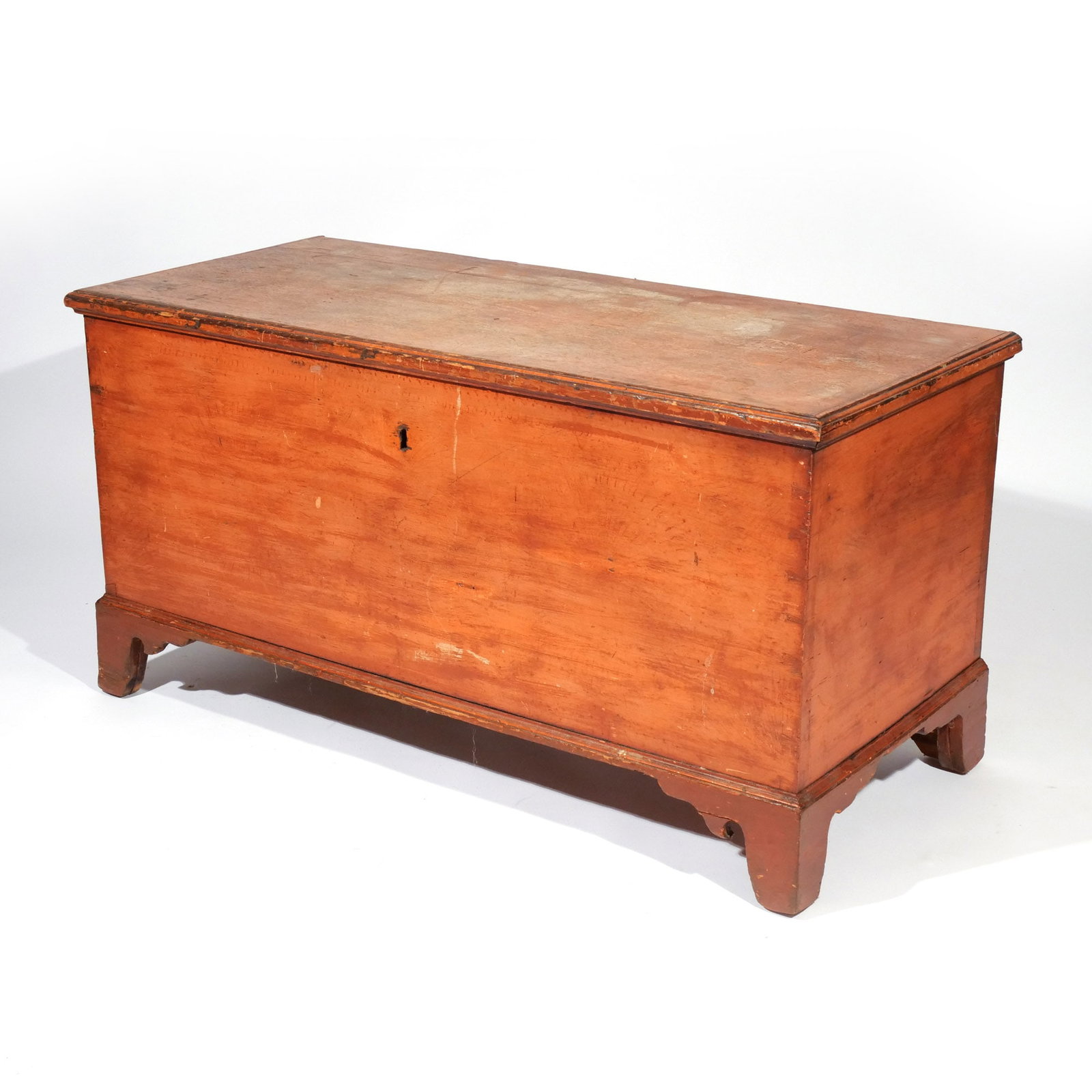 AMERICAN PAINTED STORAGE CHEST: 19th century, with most of the paint decoration stripped away h. 25 w. 49-1/2 d. 22-1/2 in. Provenance: Descent through a prominent Greenwich, CT doctor's estate [In Situ Item] This item will not be