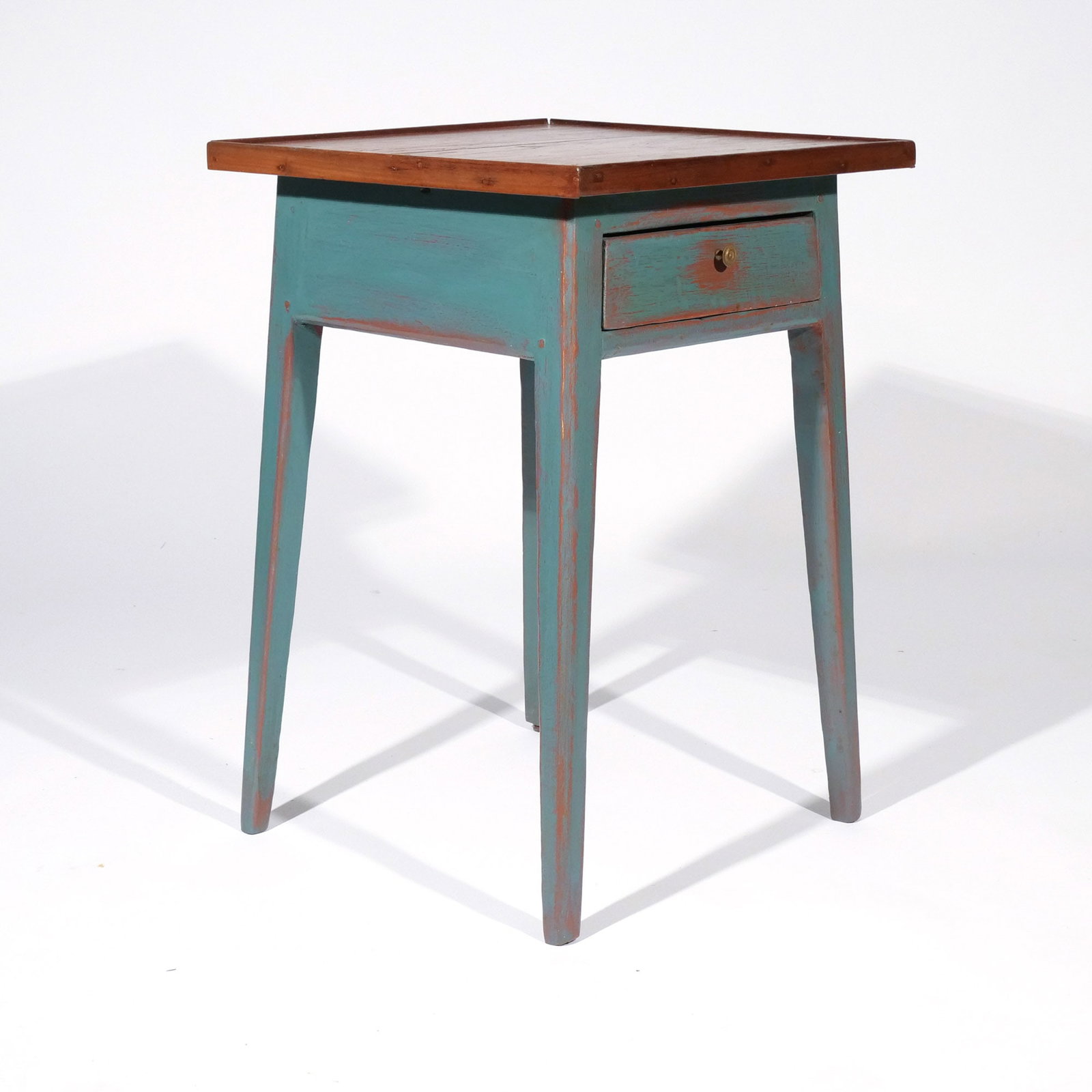 AMERICAN ONE DRAWER PAINTED STAND: 19/20th century, having an over hanging top with gallery, over blue case with single drawer h. 27 w. 19 d. 19 in. Provenance: Landmark Hoyt Homestead, Pound Ridge, NY [In Situ Item] This item will