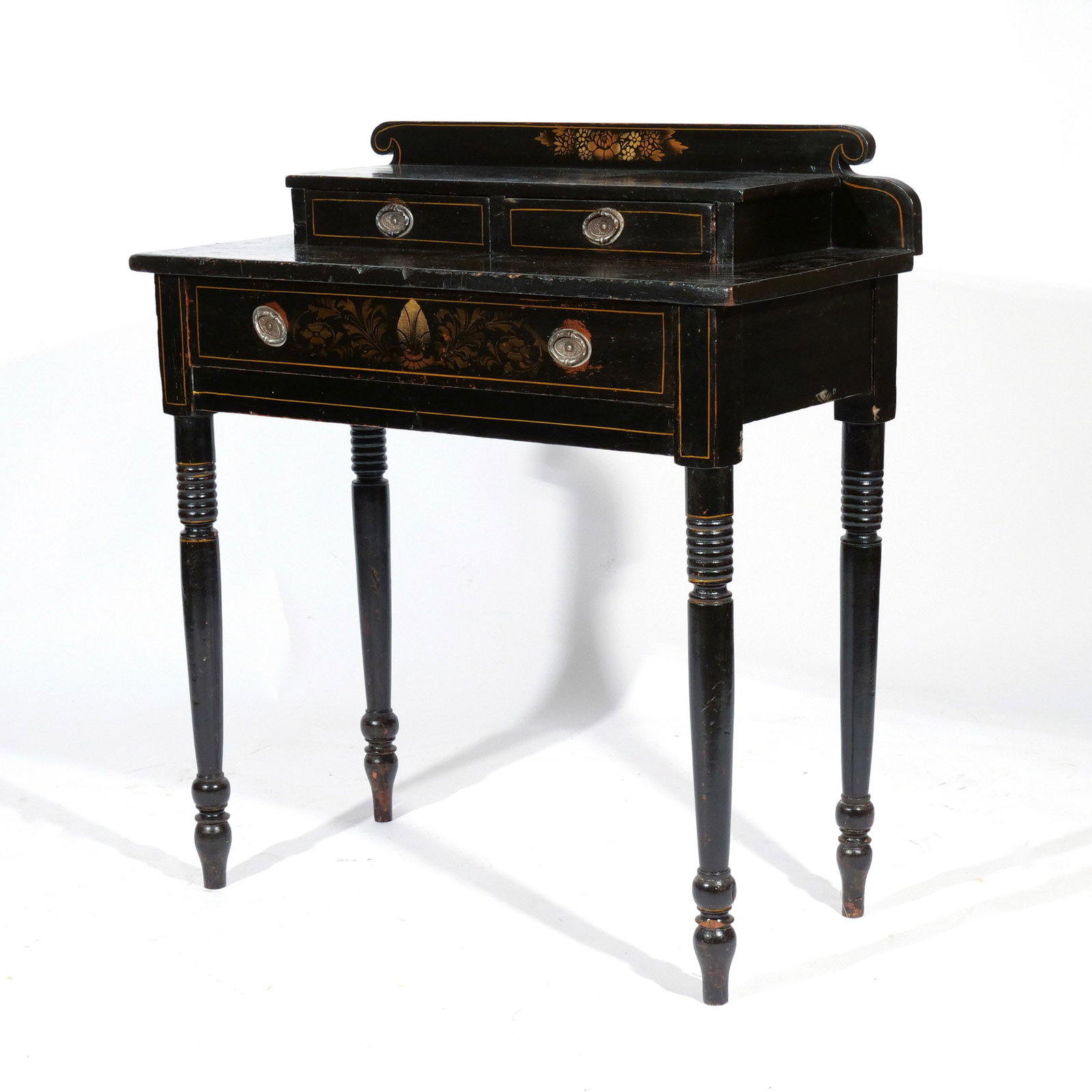 PAINTED & STENCILED DRESSING TABLE: 19th century, having superstructure h. 35 w. 32 d. 15-1/2 in. Provenance: Landmark Hoyt Homestead, Pound Ridge, NY [In Situ Item] This item will not be on display in our saleroom during our preview