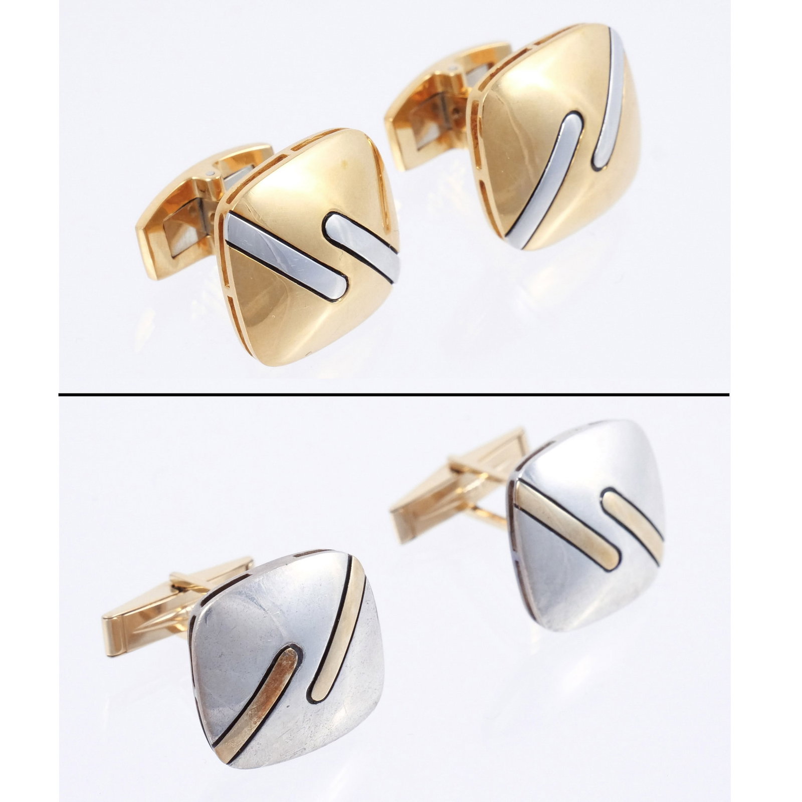(4pc) TWO PAIRS of MICHAEL BONDANZA CUFFLINKS: Including a pair of convex, rounded square shape in platinum and 18k yellow gold, marked '18k / PLAT' and with maker's mark, 20.9 g; and a similar pair in sterling silver with 14k gold toggle, marked 