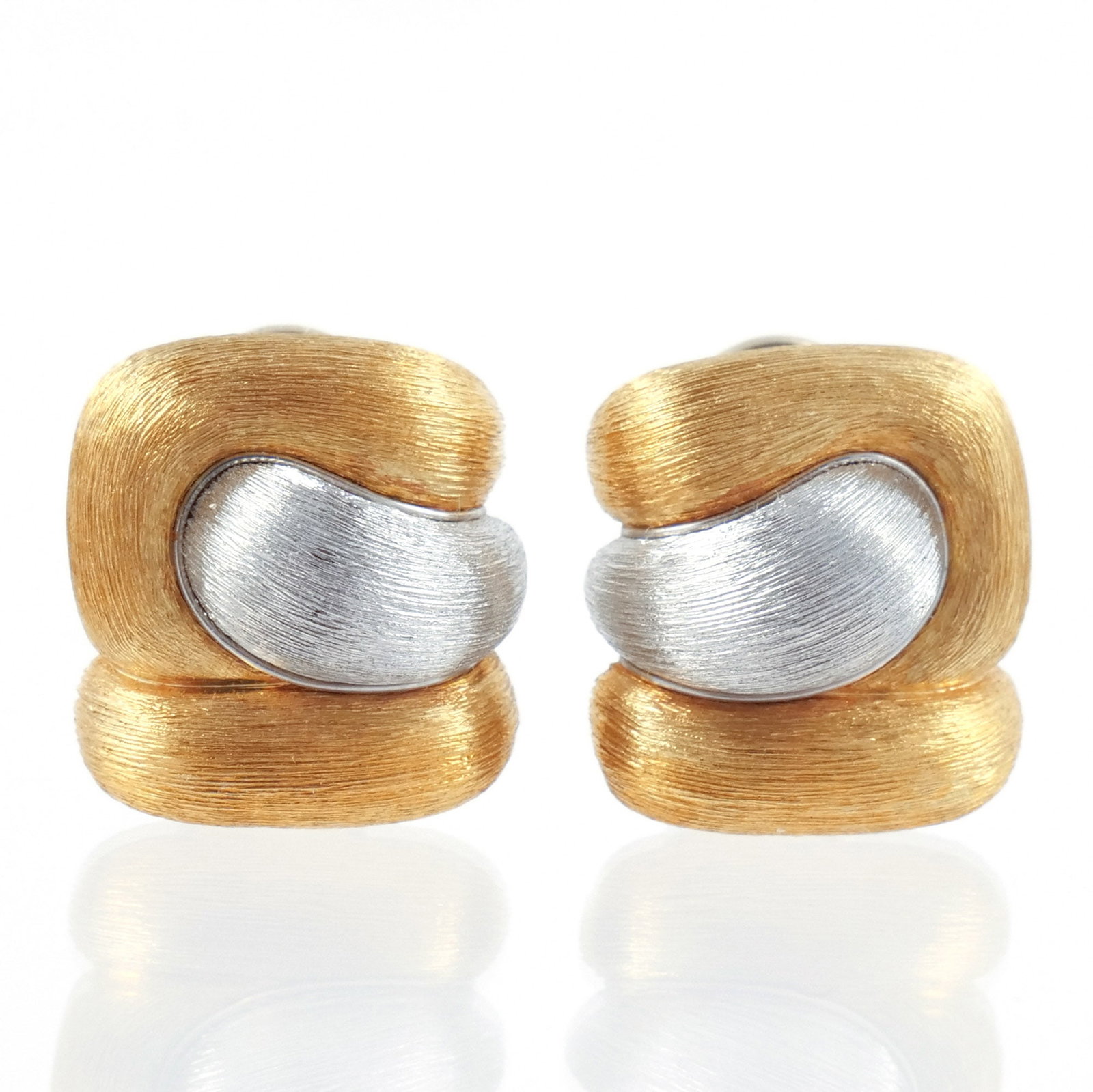 PAIR of HENRY DUNAY 18K GOLD & PLATINUM EAR CLIPS: Of sculptural, woven design in signature 'Sabi' brushed gold, signed 'Dunay', and marked '750 / 950 PLAT', and numbered C1619; 26 g total weight 20 x 17 x 15 mm
