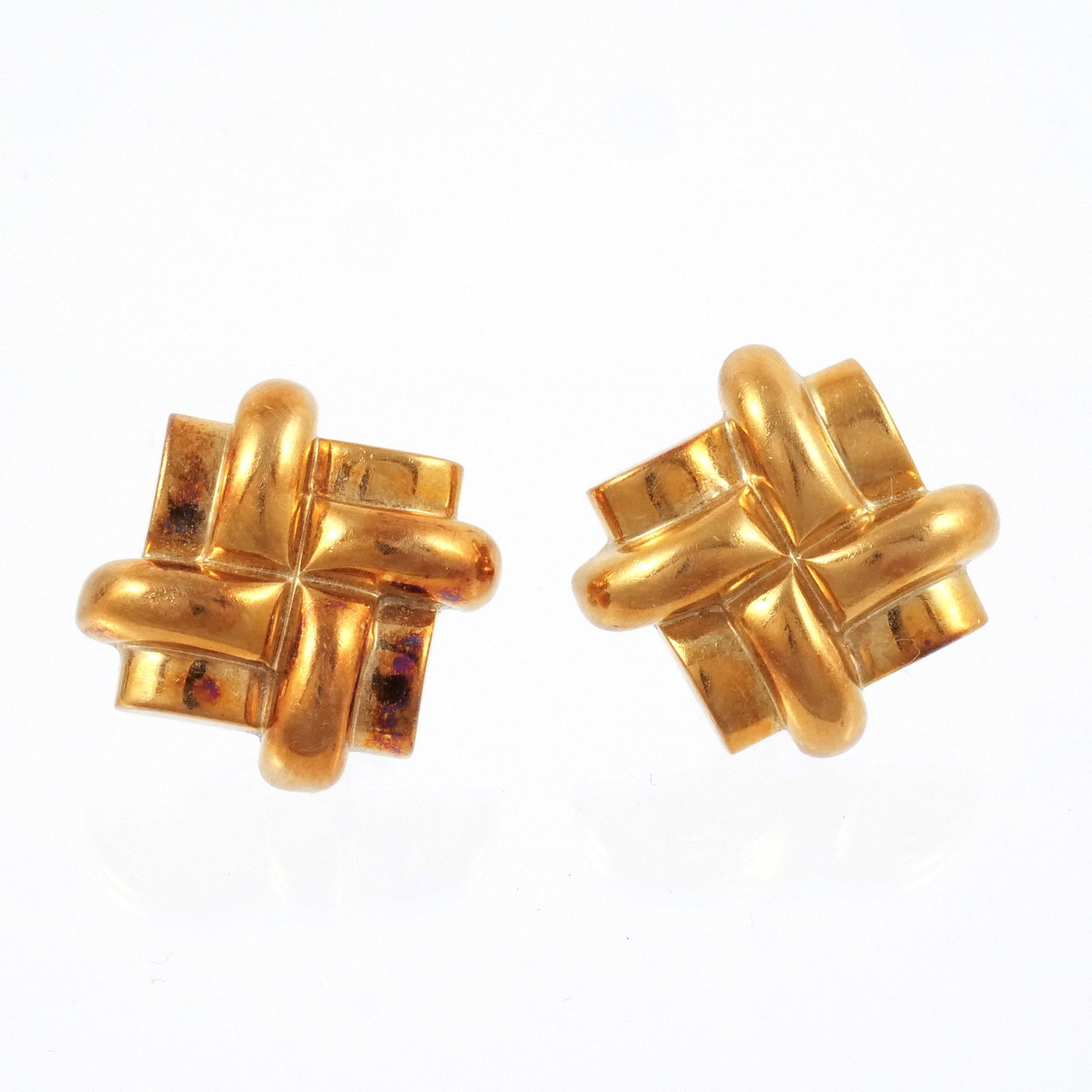 PAIR of GUCCI 18K GOLD EAR CLIPS: Of square geometric design with clip backs, signed 'Gucci' and marked '18k', 26.4 g total weight 27 x 27 x 13 mm