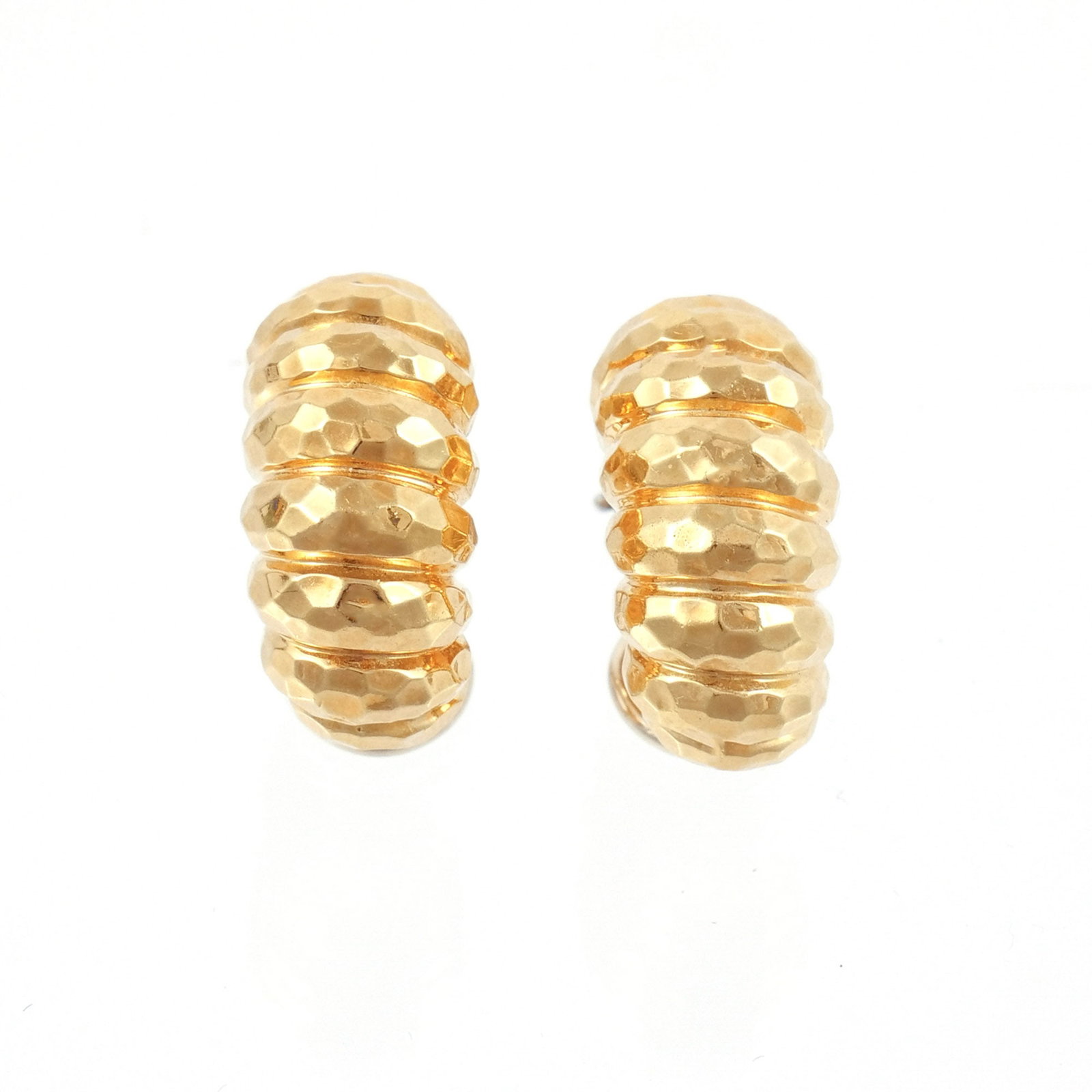 PAIR of HENRY DUNAY 18K GOLD HUGGIE EAR CLIPS: Of hammered, shrimp design, signed 'Dunay', marked '18k', and numbered C9613; 16.8 g total weight 26 x 11 x 23 mm