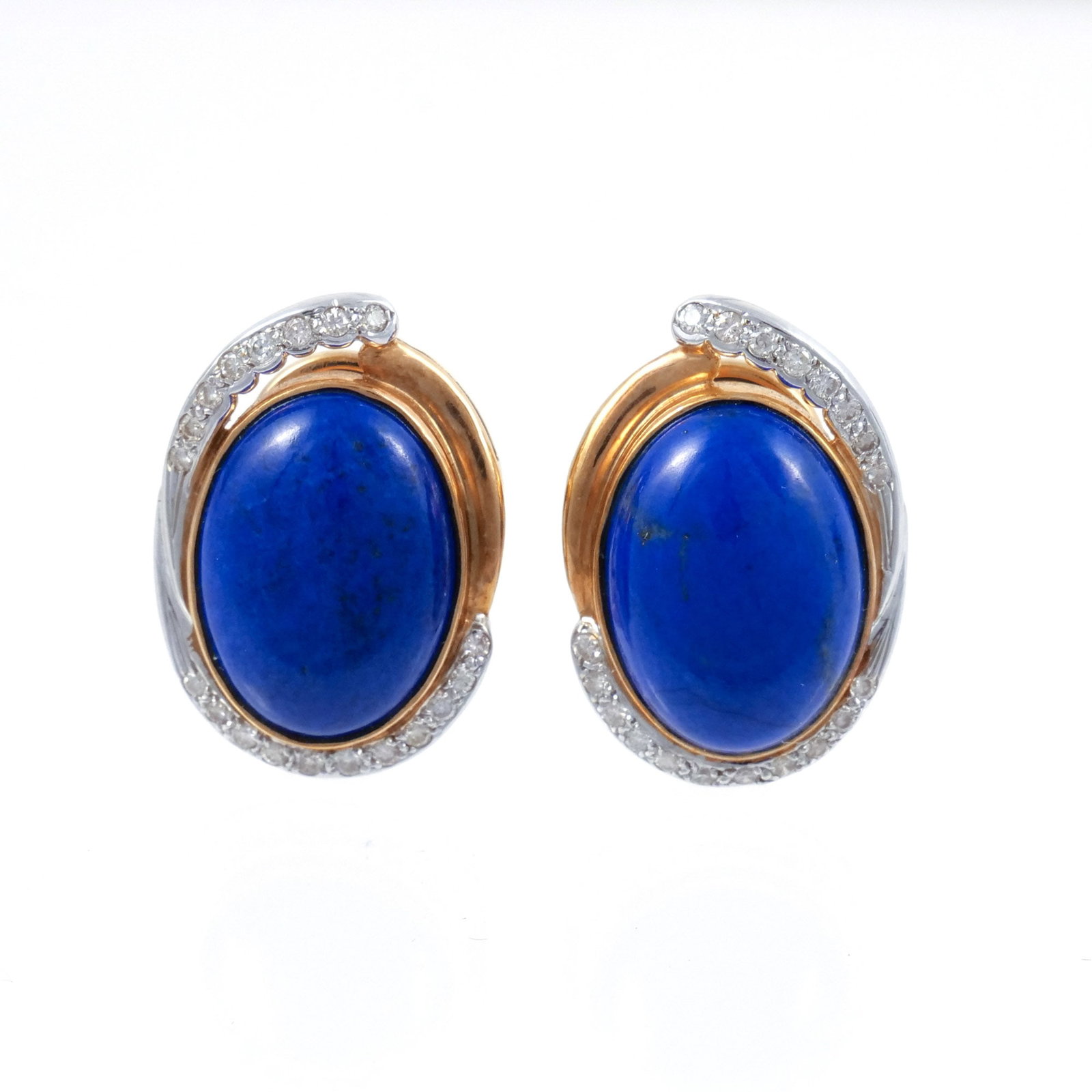 PAIR 18K GOLD, DIAMOND, & LAPIS LAZULI EAR CLIPS: Of oval design with central lapis lazuli cabochons surrounded by white and yellow gold mounted with melee diamonds, marked '750' and with cipher (possibly a Chinese character), 14.6 g total weight 26 
