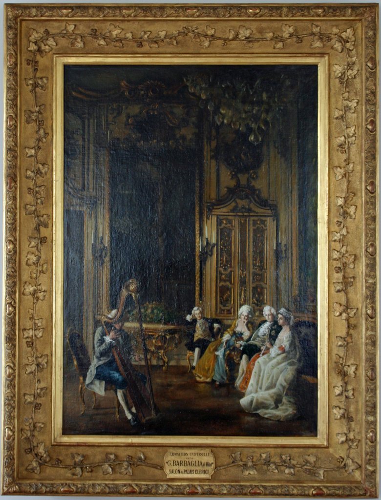 10) GIUSEPPE BARBAGLIA (ITALIAN, 1841-1910),: "SALON DU PALAIS CLERICI," oil on canvas, 62" x 47", signed lower left, exhibited 1878 at the Exposition Universelle (Paris). In a gilt-carved frame. Relined and restored.