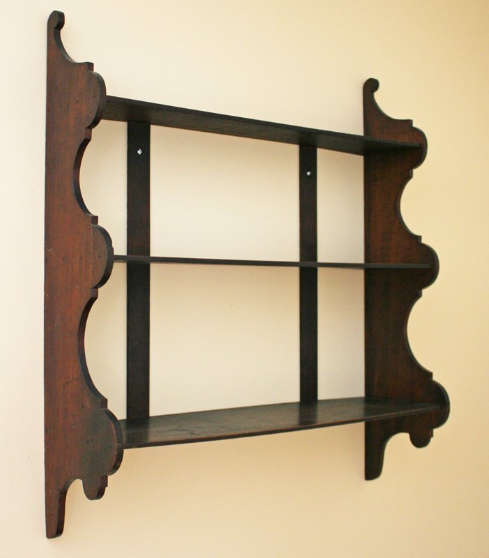 12) 3-TIER ANTIQUE MAHOGANY WALL SHELF, H: 33 1/2": W: 30 1/2" D: 8 1/2"