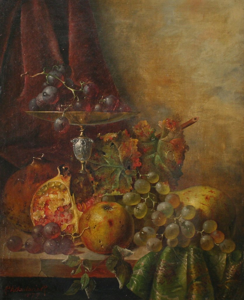 65) R.W. WARWICK (19THC EUROPEAN) Still life with: compote and fruit, oil on canvas, 17 1/4" x 14", signed and dated 1877 lower right