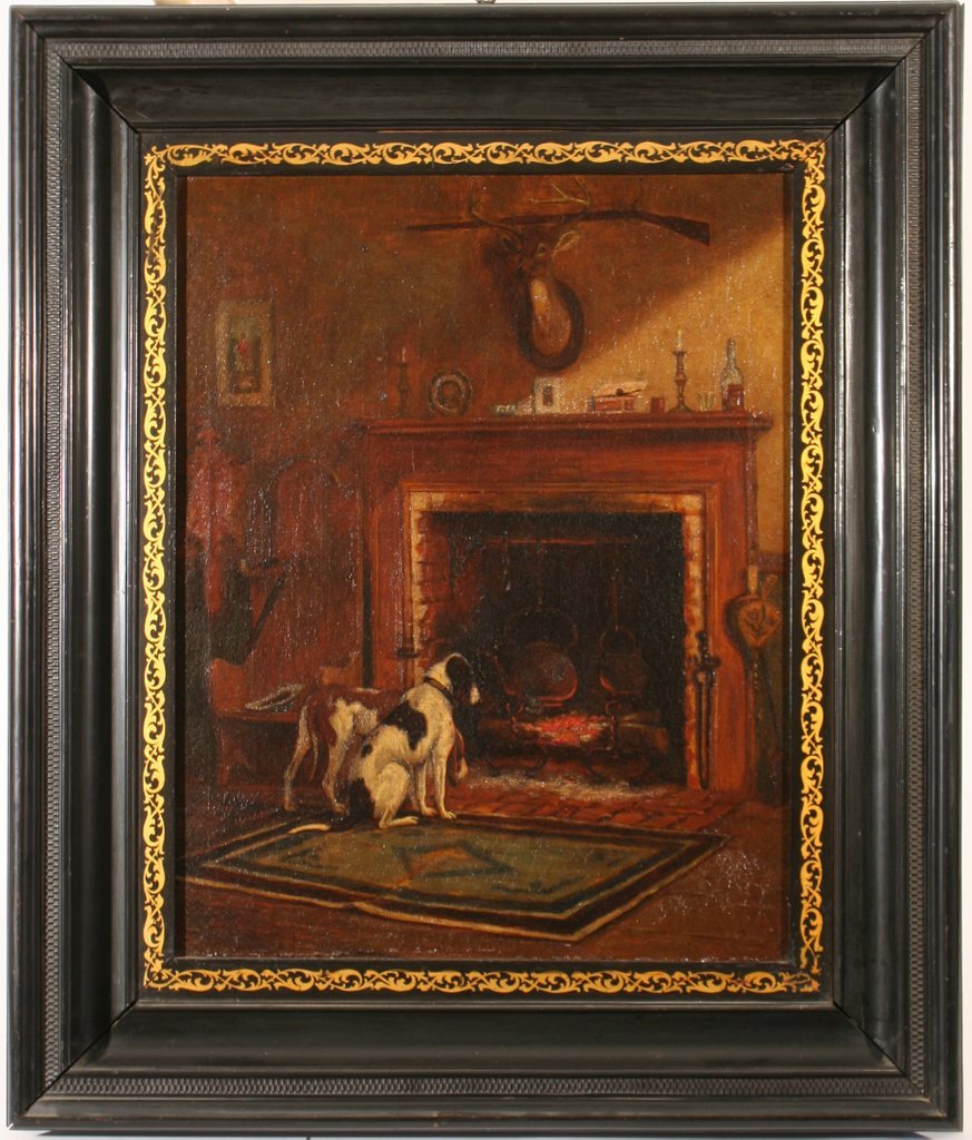 84) SIDNEY LAWRENCE BRACKETT (AMER. 1852-1910),: Two dogs in front of the fireplace, oil on canvas, 20" x 16", signed lower left, overall size: 27" x 22 1/5"