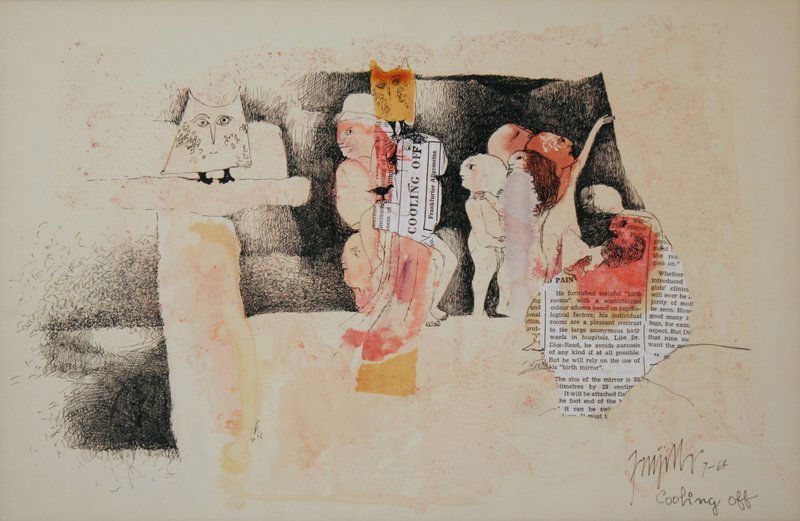 105) GUILLERMO TRUJILLO (Panamanian, 1927-), Cooling: Off, mixed media and collage on paper, signed, titled, and dated "7-64" lower right,10 X 15" (SIGHT)