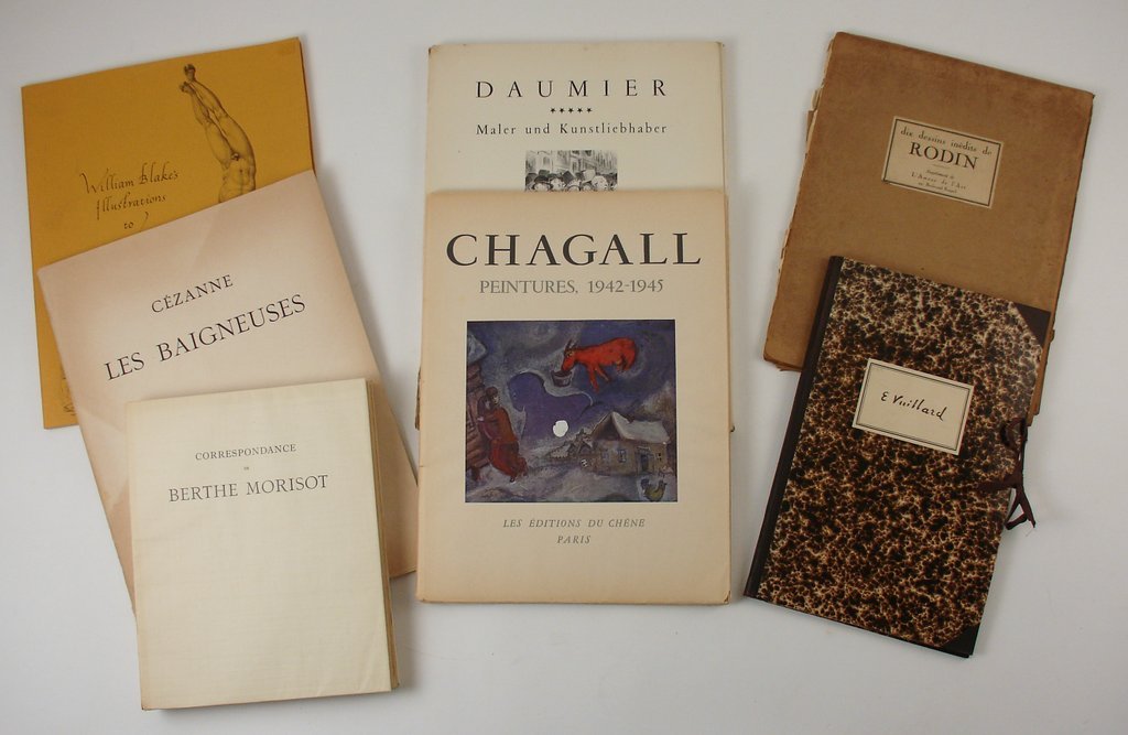 115) 6 VOLS. PAPER FOLIO ON ARTISTS: Cézanne: Les: Baigneuses edited by Jean Cassou, no. 104/500 signed by the editor and printmaker, 8 tipped-in color plates, Paris, London, and New York, 1947; Chagall: Peintures 1942-1945, introduction by Léon Dega
