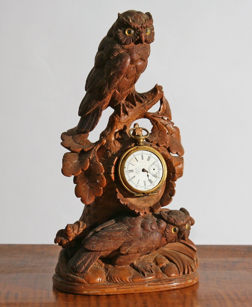 275) BLACK FOREST CARVED WATCH HUTCH with owls,: H: 9 ¼" with damage where the pocket watch attaches