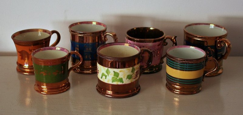 291) 10 PCS. MISC. TABLEWARE: 7 LUSTERWARE MUGS, : height range: 3 1/2" - 2 3/4", LEEDS CREAMWARE DISH, D: 9 3/4", PLUS PAIR OF COBALT BLUE SALT & PEPPER SHAKERS, H: 3 3/4" (to top of glass)