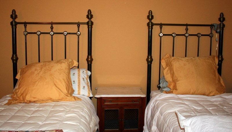 316) PAIR OF BRASS AND STEEL SINGLE BEDSTEADS: with mother of pearl inlay, H: 65 1/2" W: 40" L: 75"
