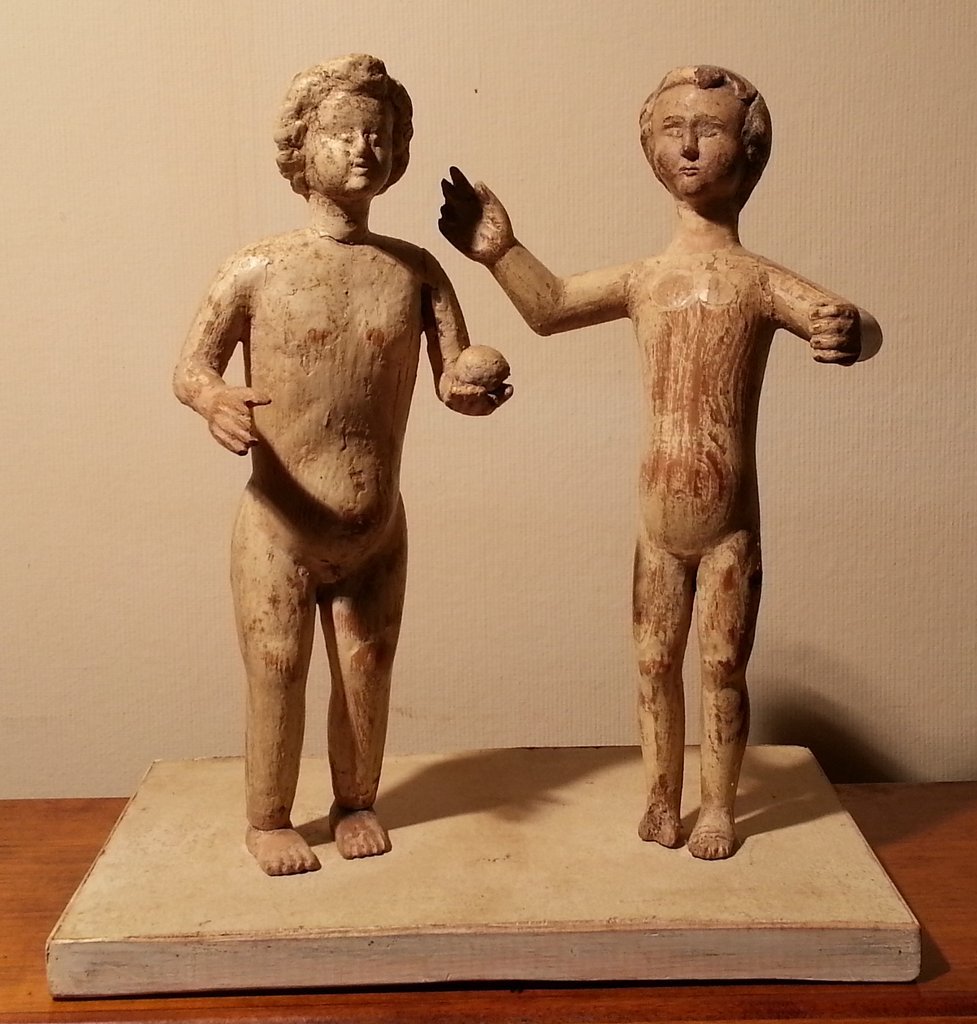 366) CARVED AND POLYCHROMED FOLK ART CARVING OF ADAM: & EVE, H. 12 ½", BASE: 7 ¾ X 11 ½"
