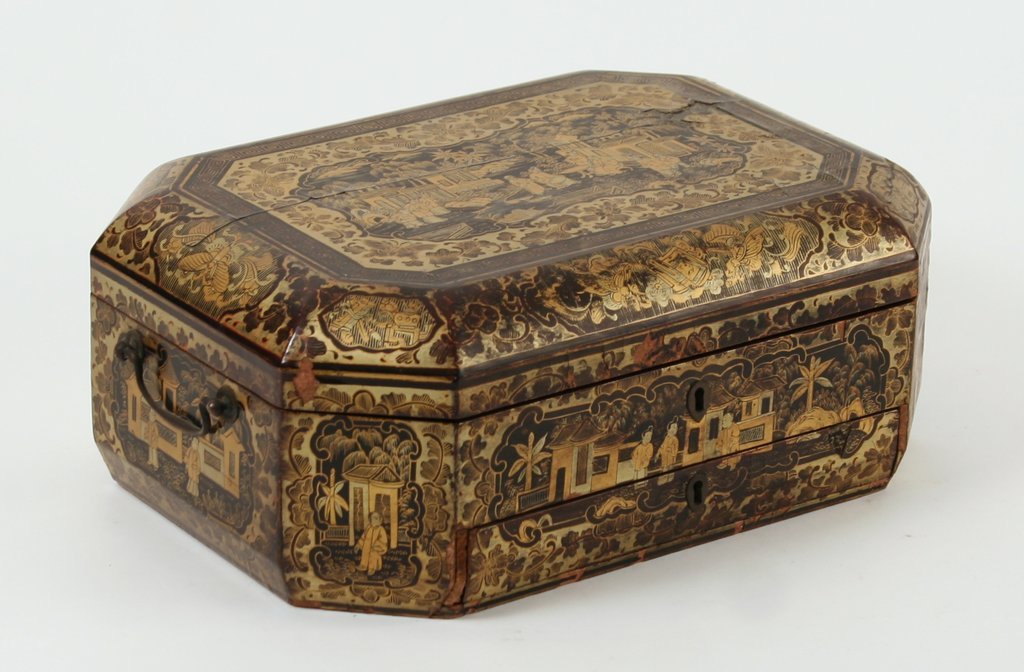 390) CHINESE EXPORT LACQUERED SEWING BOX of octagonal: shape with side handles and two drawers; w/sewing implements, top with some damage